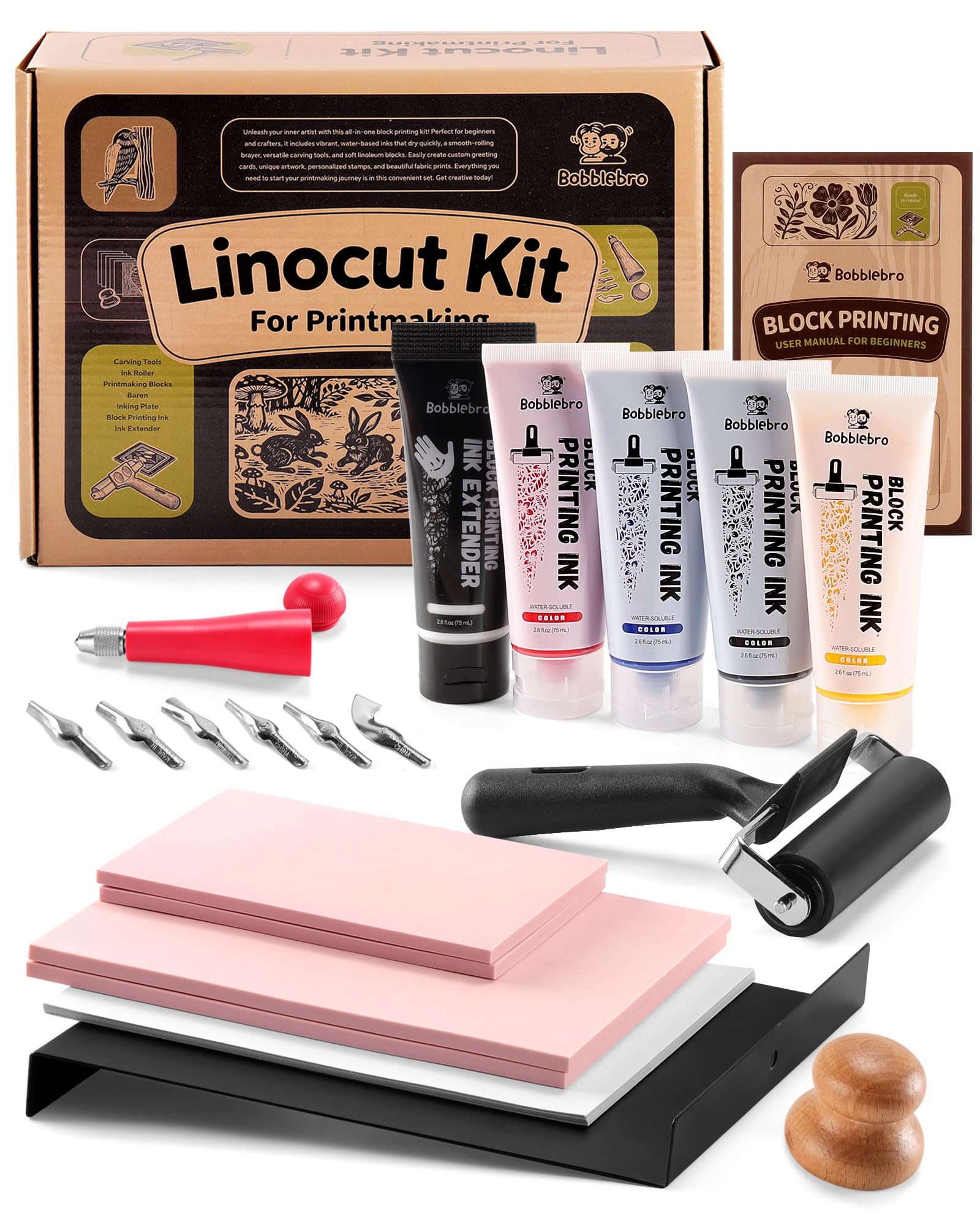 Bobblebro Linocut Kit for Printmaking, Stamp Making Kit with 4 Color Ink