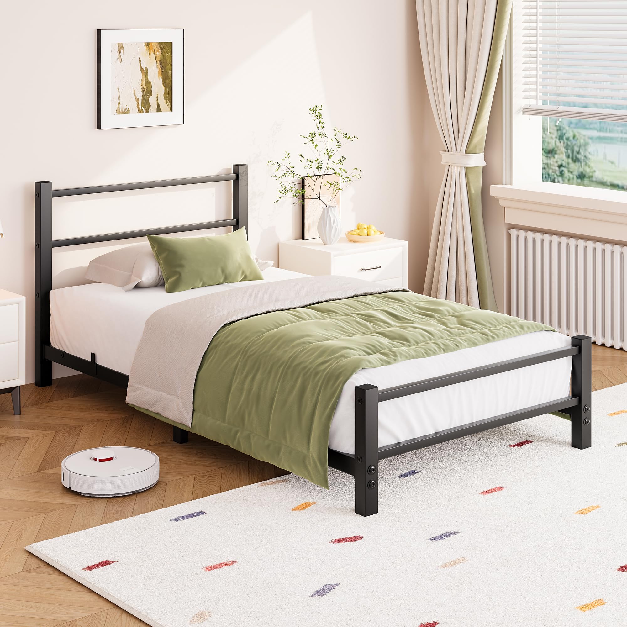 HOMERECOMMEND Low Single Bed Frame 3ft Metal Bed Frame with Headboard,Black