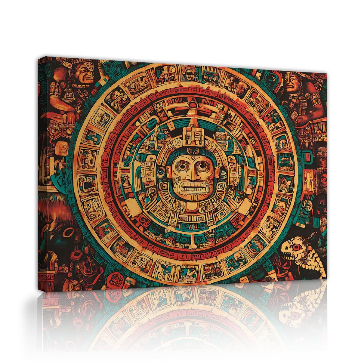 TOANGWALL Aztec Calendar Canvas Wall Art Ancient Mayan Sun Stone Vintage Tribal Culture Pattern Print Boho Ethnic Framed Mural Pictures for Living Room Office Study Decor 50x60cm