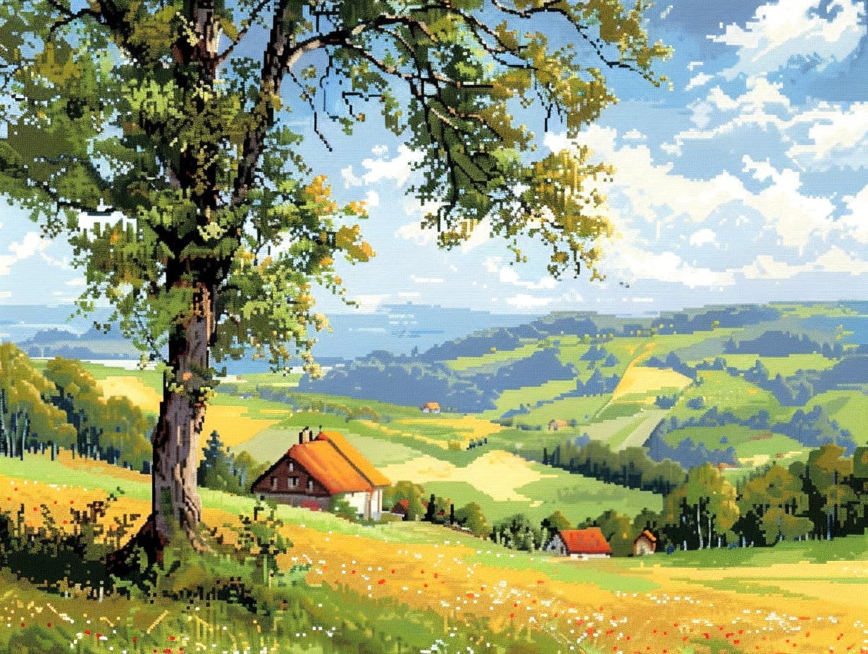 Max Stitch Colorful Countryside 8, Landscape Counted Cross Stitch Kit, 36X26cm, 200X150 Stitches, Nature Scene With Cottage