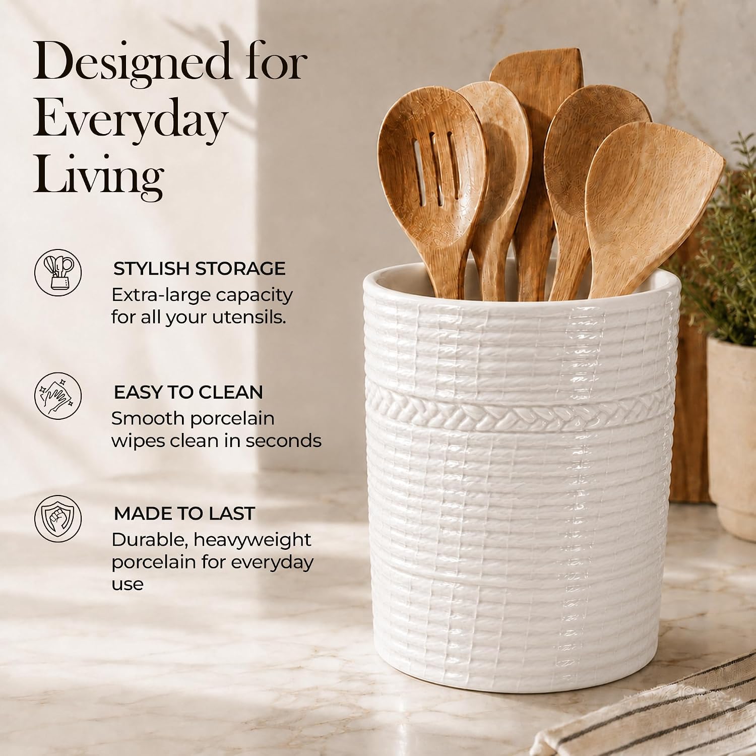 Handcrafted Cooking Utensil Holder, Extra-Large Crock, White