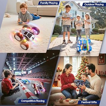 WayEee Remote Control Car for Boys 4-7, 360 Flips Rotating RC Stunt Car with Type-C Charging and LED Lights Strips, 2.4 GHZ Double Sided All Terrain 4WD RC Cars for Girl Boys Christmas Birthday Gift