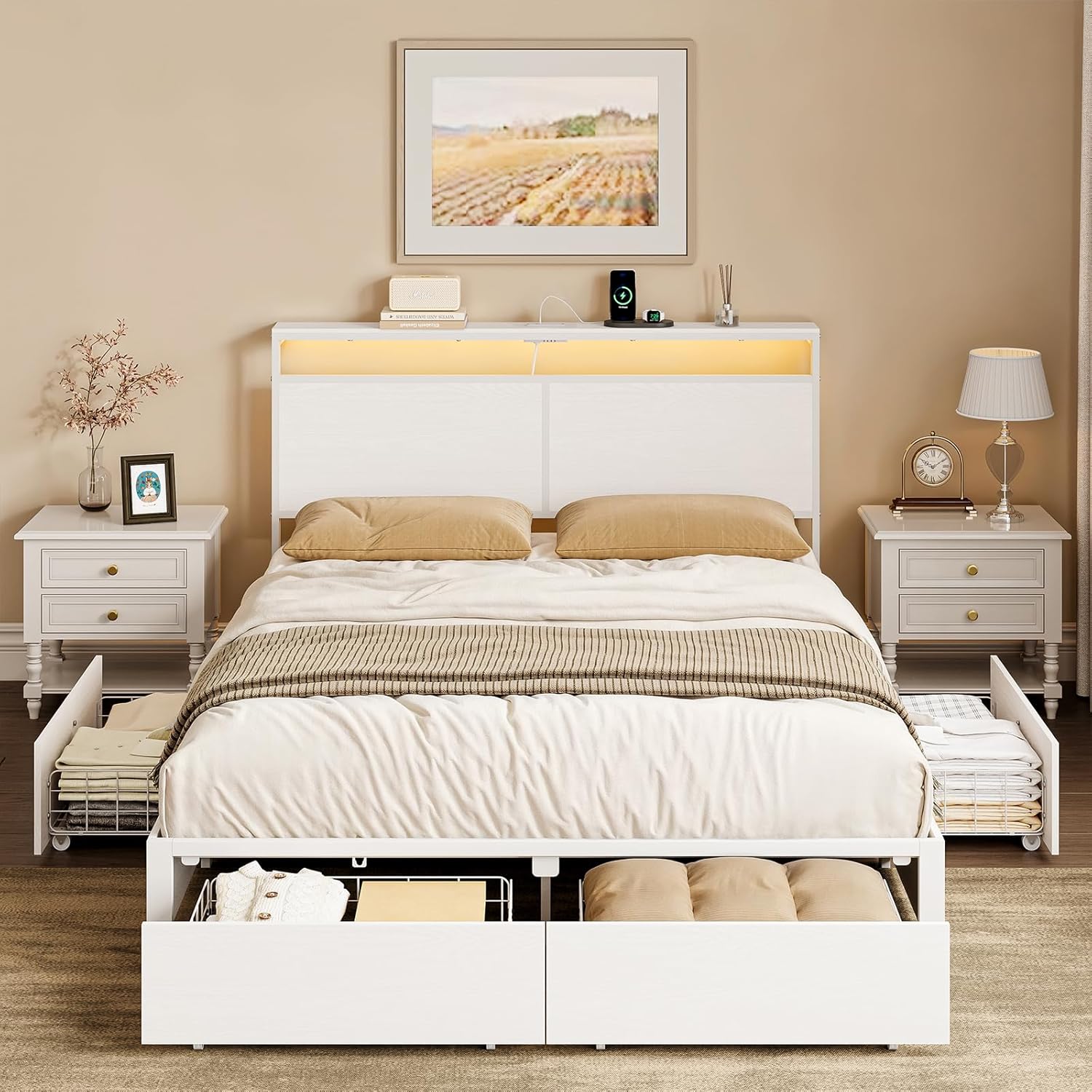 HAUSOURCE Full Bed Frame with 4 Storage Drawers Bed Frame Full Size with Headboard LED Lights Charging Station Metal Slats Platform Heavy-Duty Support No Box Spring Needed White - Image 3