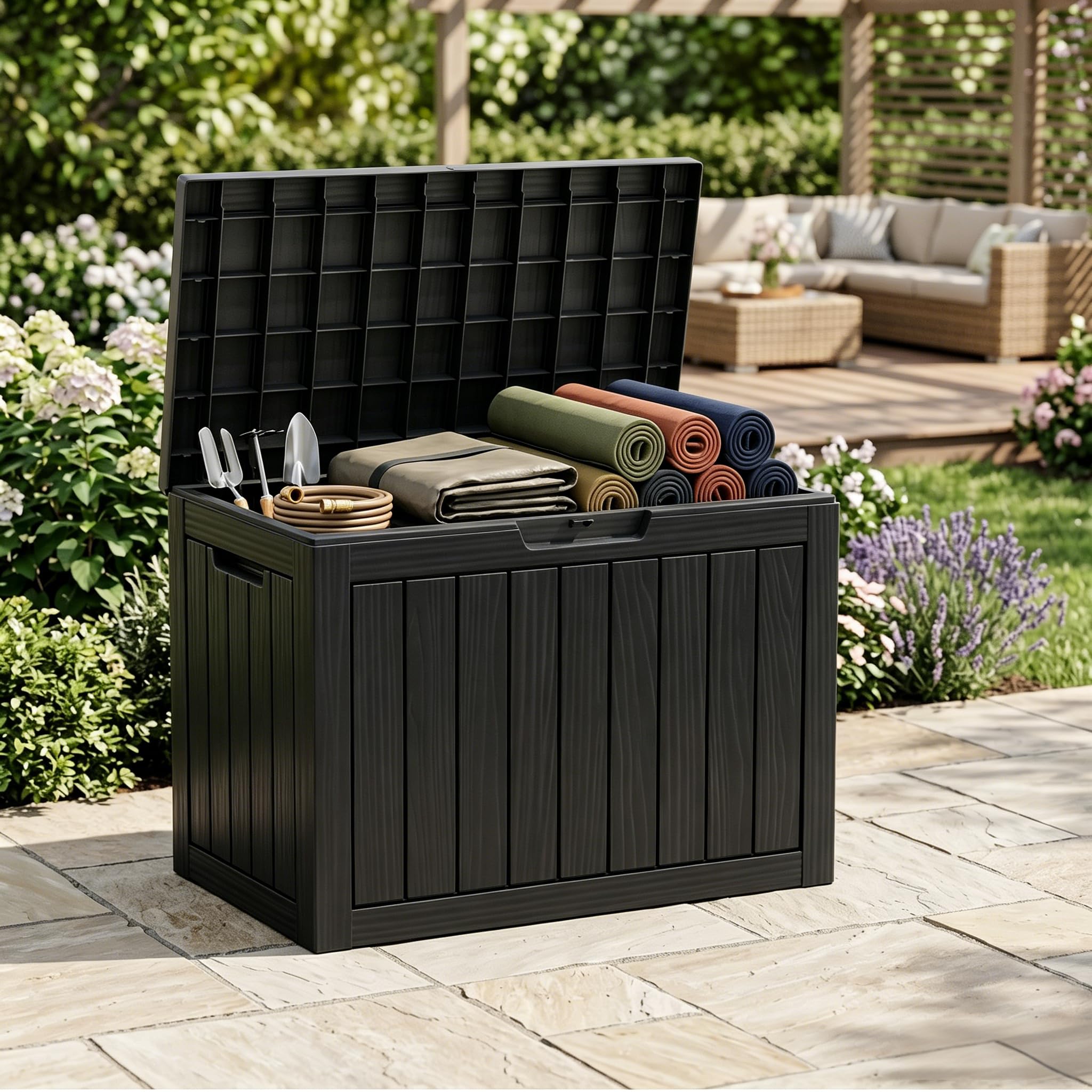 46 Gallon Deck Box for Patio Furniture, Outdoor Storage Container Heavy Duty UV Resistant with Lockable Lid, Large Waterproof Resin Deck Box for Garden Tools &amp; Cushions, 300 lbs Load Capacity