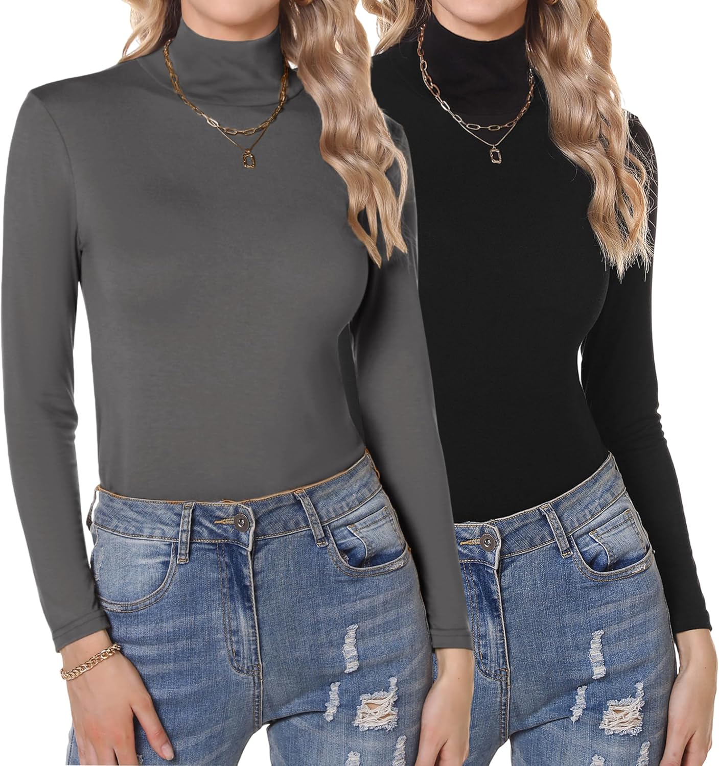 Aottori Set van 2 T-shirts met lange mouwen voor dames - Opstaande kraag - Katoen - Elegant Basic - Lange mouwen - Voor de winter - Stretch, Zwart Khaki