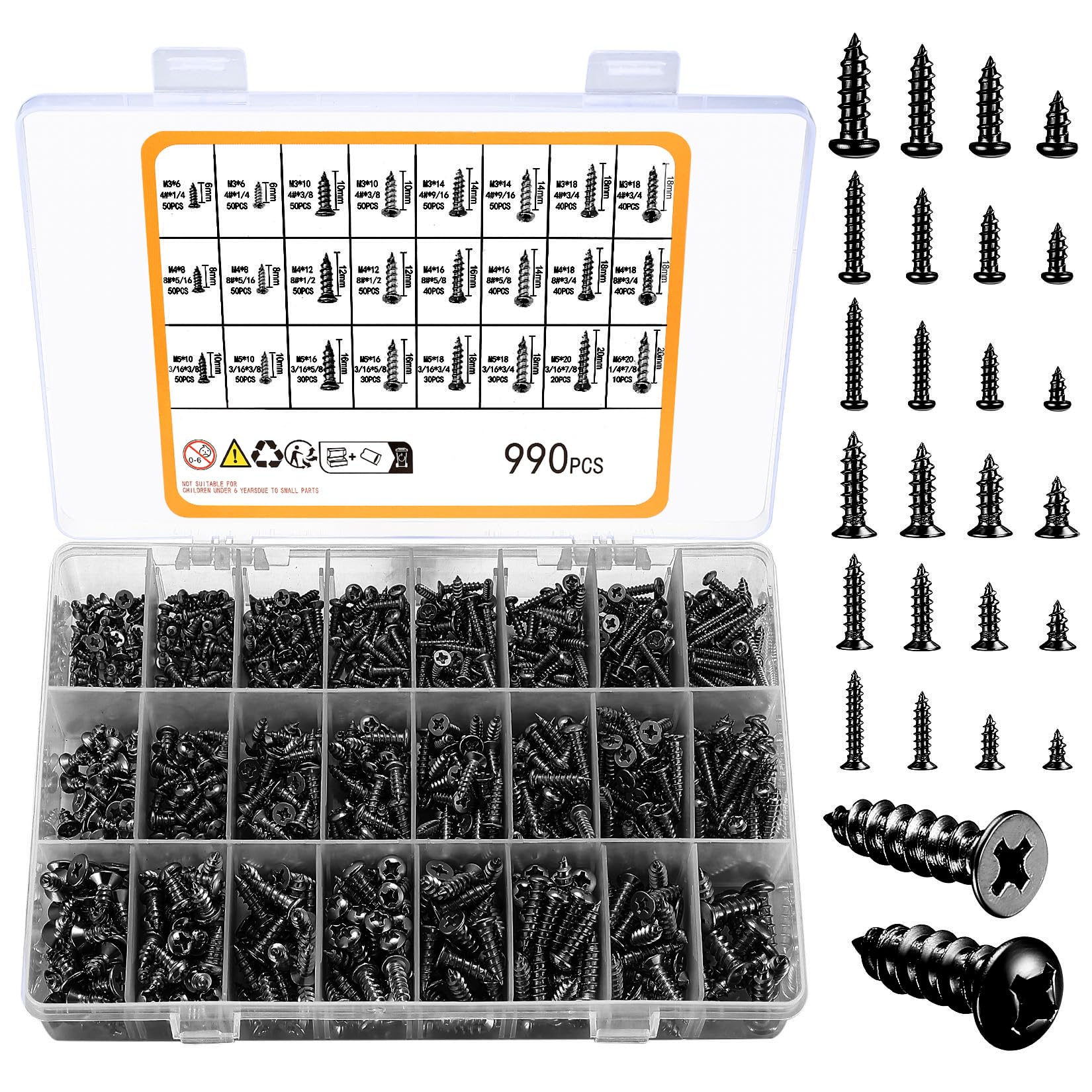 990pcs Self Tapping Screws Assortment Set, M3/M4/M5/M6 Stainless Steel Sheet Metal Screws, Phillips Drive Wood Screws Set for Deck Drywall Concrete Screws(500pcs Flat Head, 490pcs Round Head) — image 1