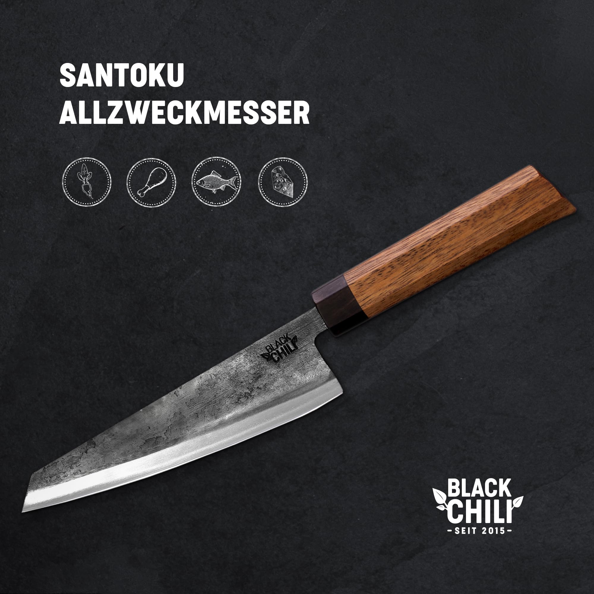 Santoku Messer | Griff: Eisenholz | 17 cm Carbonstahl Klinge | Extrem scharf und langlebig | Kochmesser für Fisch, Fleisch & Gemüse | Gemüsemesser & Allzweckmesser | HABANERO-17
