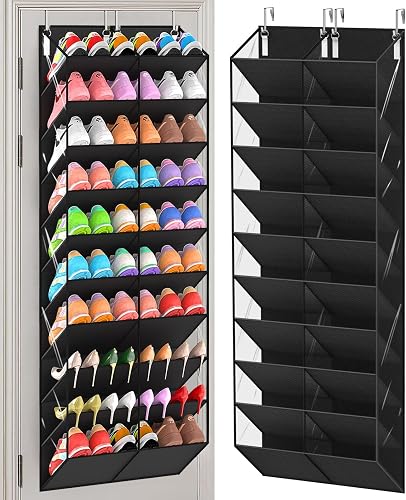UVIAHOMI 20-30 Pairs Over the Door Shoe Organizer, Clear Pockets Hanging Shoe Storage for Closet, 10-Tier Door Shoes Rack, Handing Shoes Holder Fit All the Family's Sneakers, Boots, Heels, Black