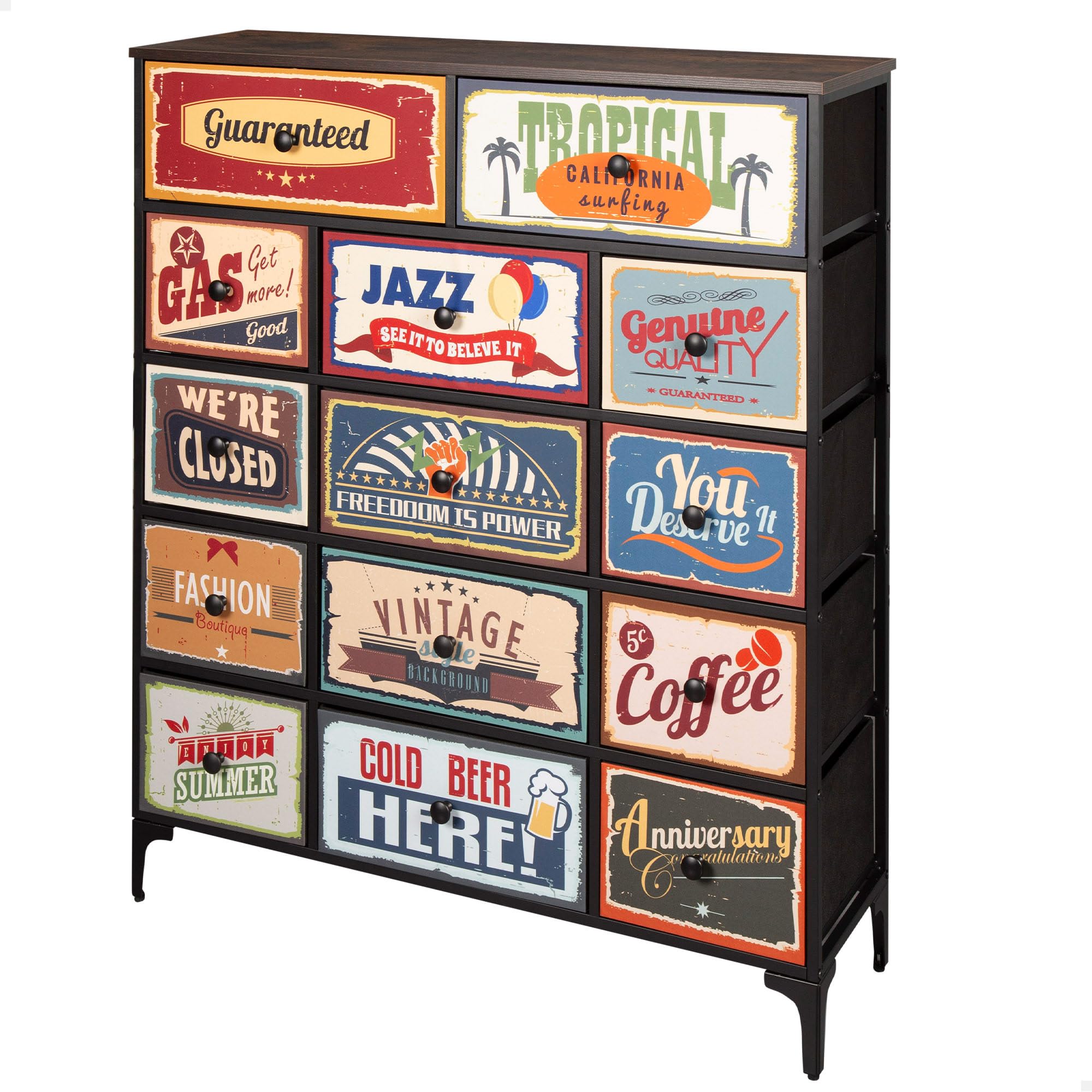 AKTIVE Max Home Mehrzweck-Schlafzimmerkommode, Retro- und Vintage-Grafiken, 14 leichte Stoffschubladen, 103 x 30 x 119 cm, Stahlrahmen, Holzplatte, Nachttische, Wohnzimmermöbel (18405)