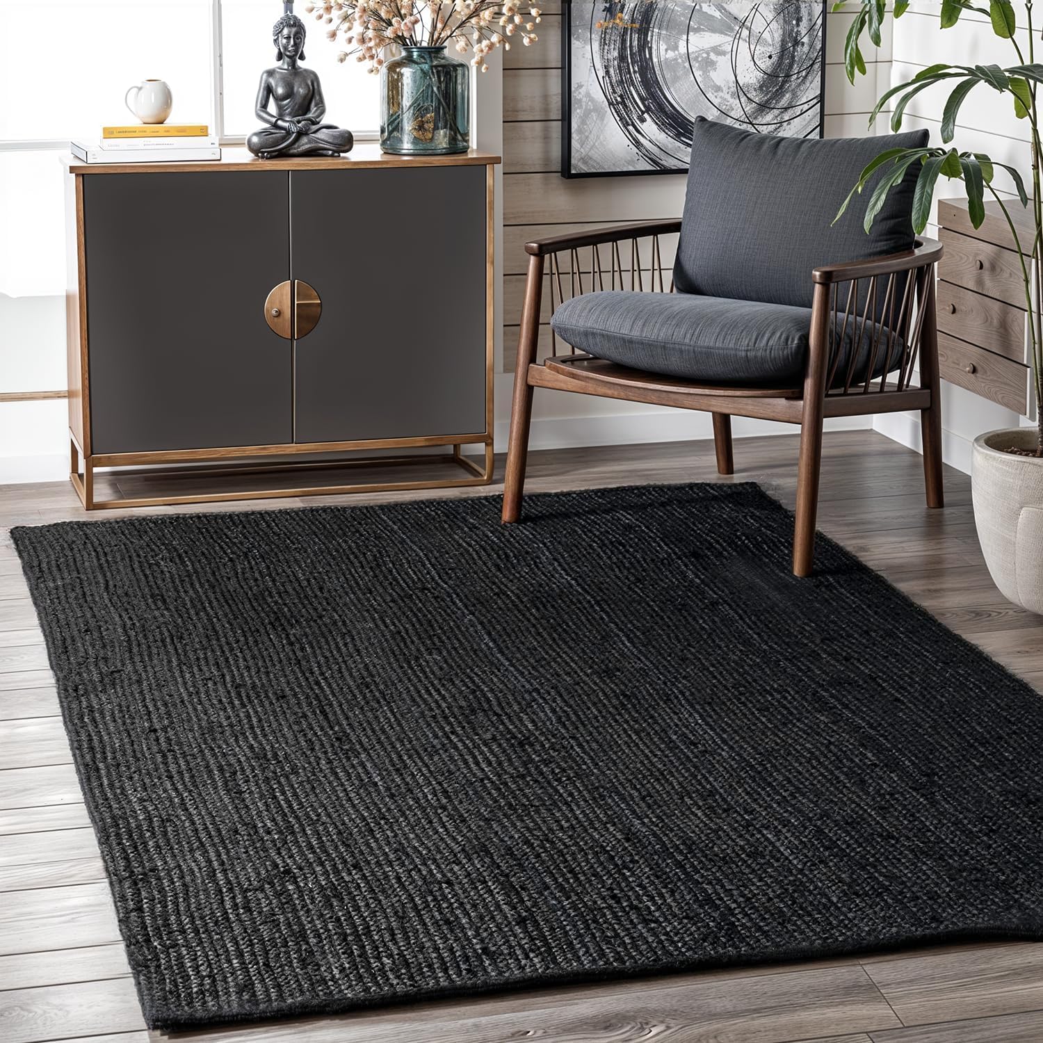 GRUHUM Black Jute Area Rug - 8x10 Feet 100% Natural Handwoven Jute Rustic Vintage Braided Reversible Rectangular Large Carpet- Bedroom Kitchen Living