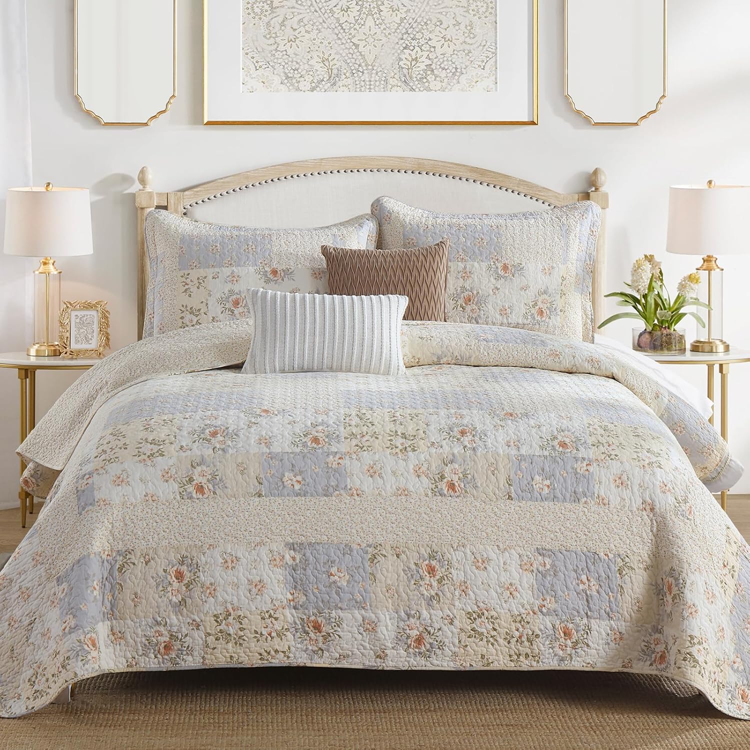 Floral Oversized King Bedspread 120"x120" - 100% Cotton Lightweight Cal Quilt with 2 Pillowshams for King Bed, Farmhouse Reversible Extra Large Quilted Bedding Coverlet Set 3 Pieces, Beige