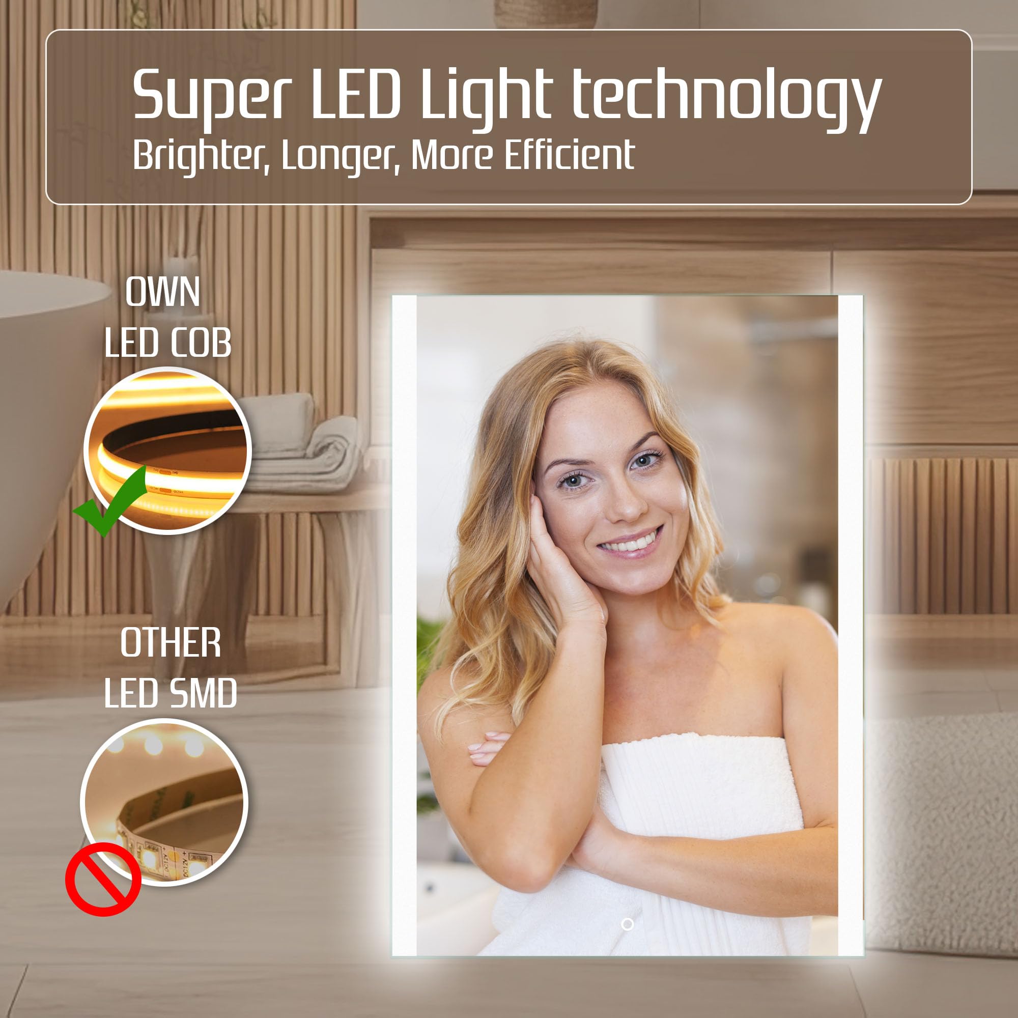 Venti Espejo Baño LED 50 × 70 cm, Iluminación Lateral | Espejo LED de Pared, Espejo Baño con Luz, Interruptor Táctil, Luz Blanca Neutra, Diseño Moderno