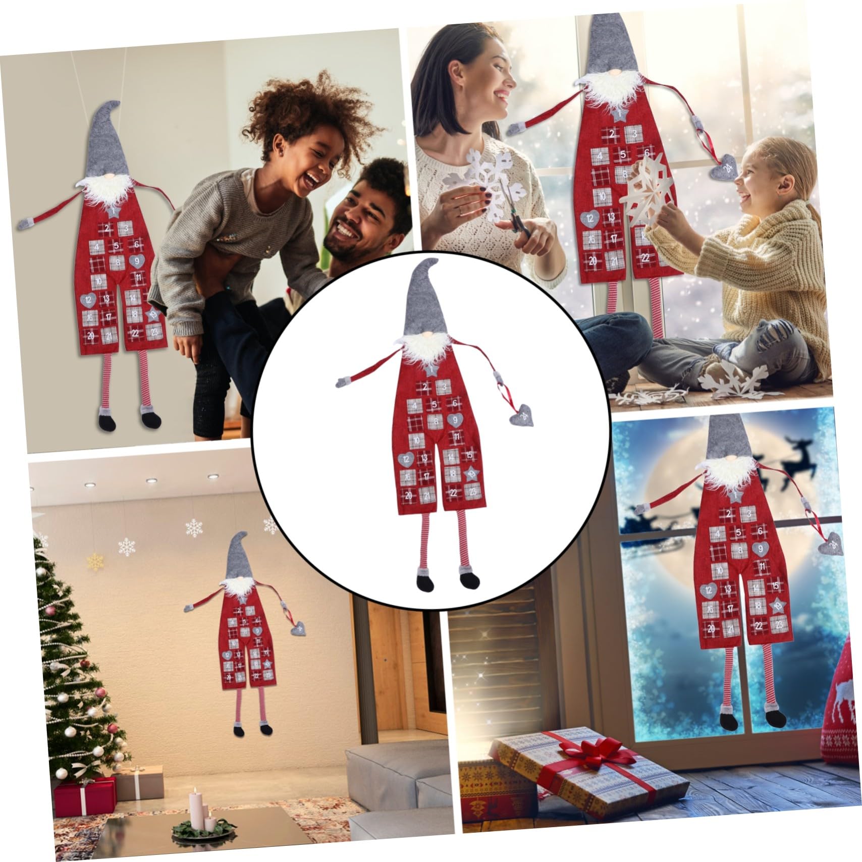 Calendrier de L'avent à Suspendre de Gnome Gris et Rouge, Décoration Festive en Matériau Solide, Décor de Noël pour Maison et Fête, Ornement de Calendrier de Noël