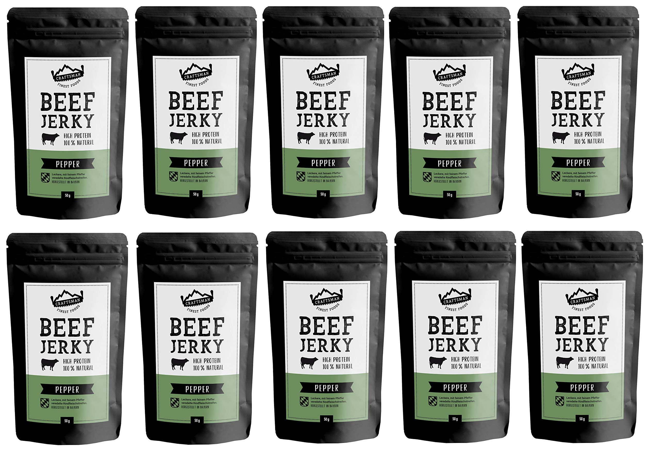 Craftsman Beef Jerky Pepper 500 g | Ohne Zucker | Aus Deutschland - Bayern | Jerky Beef Set 10 x 50g | 100% Rindfleisch | High Protein 68% | Trockenfleisch Pfeffer | 100% Natürlich