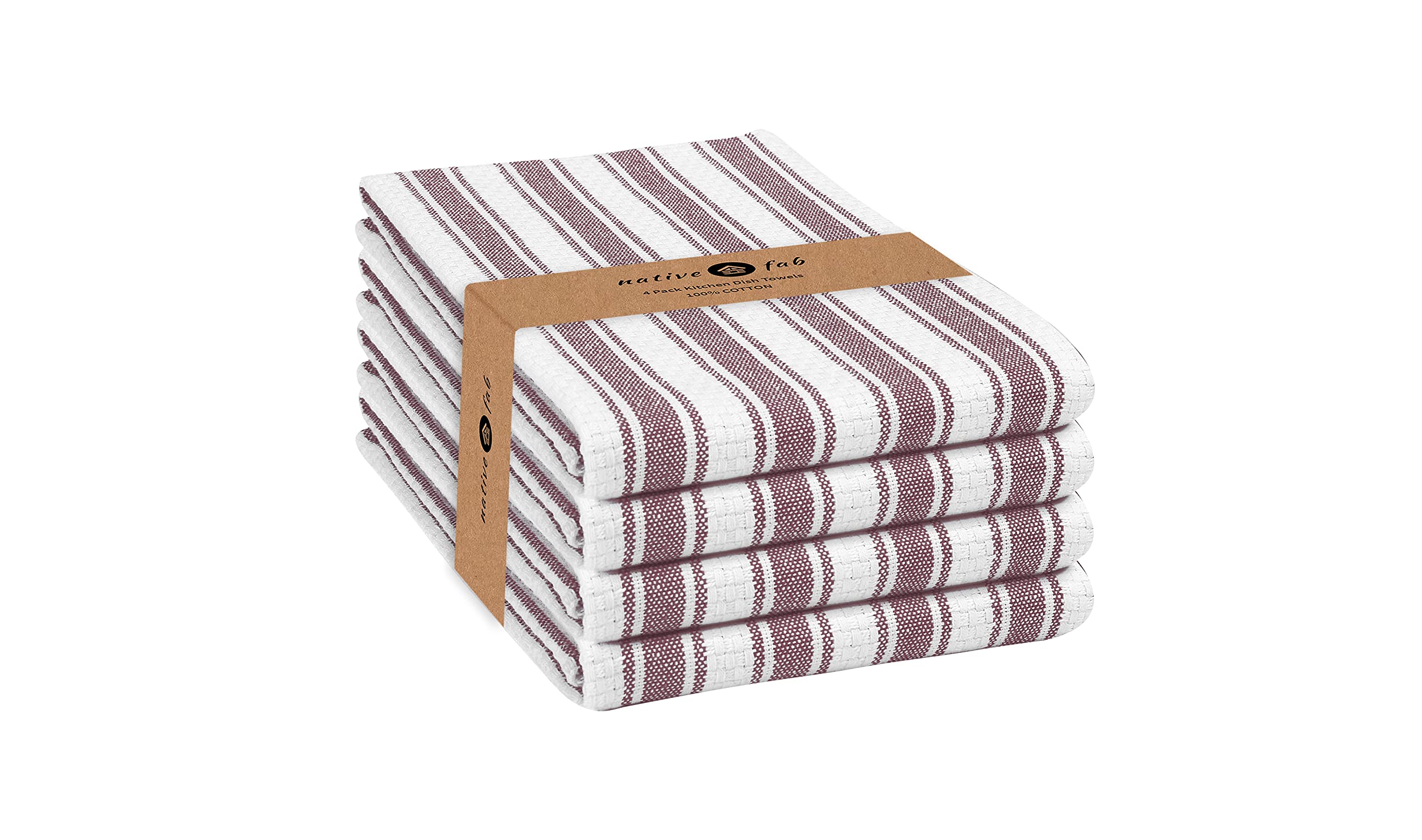 Native FabCotton Kitchen Towels - 16x26 inches - Set of 4 - Basket Weave Stripe Dish Towels for Cleaning, Drying Dishes, Absorbent Dish Cloths Set with Hanging Loop - Burgundy Maroon