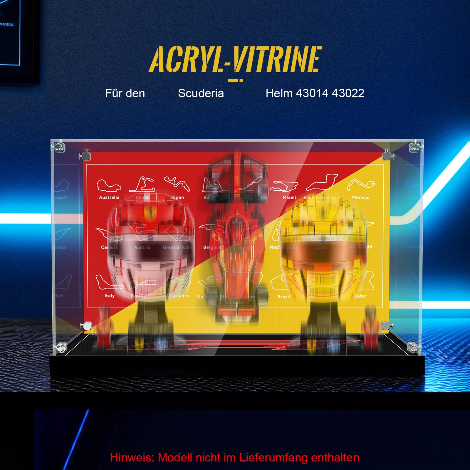 Vetrina 3 in 1 compatibile con Lego Speed Champions F1 Racing Cars 77242 e caschi 43014 + 43022 (senza modello), alimentata tramite USB, con luci a LED, per collezione di modelli di auto da corsa