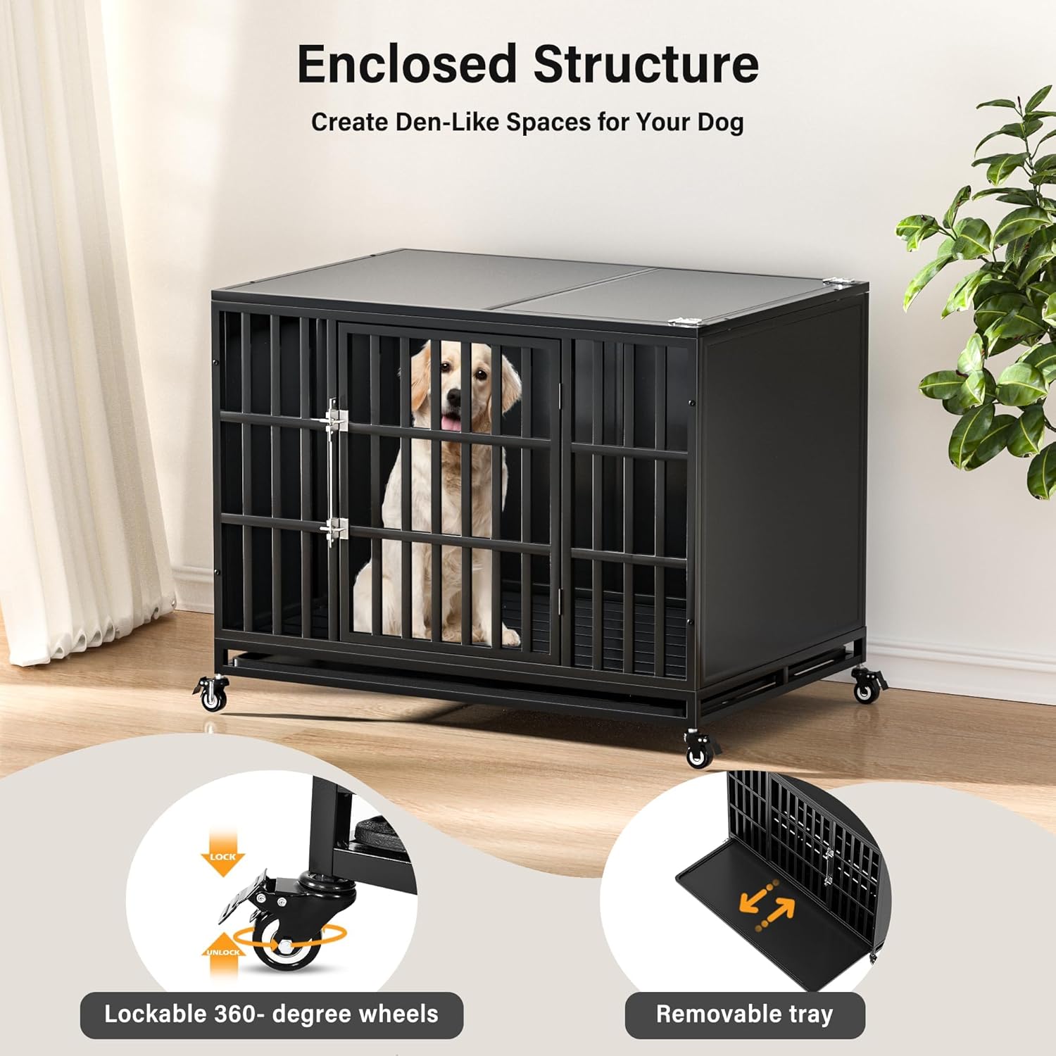 REXWELTEN 42 inch Heavy Duty Dog Crate with Self-Locking Latch, Indestructible Steel Large Kennel with Enclosed Design, Chew-Proof and Escape-Proof Pet Cage for High Anxiety Dogs