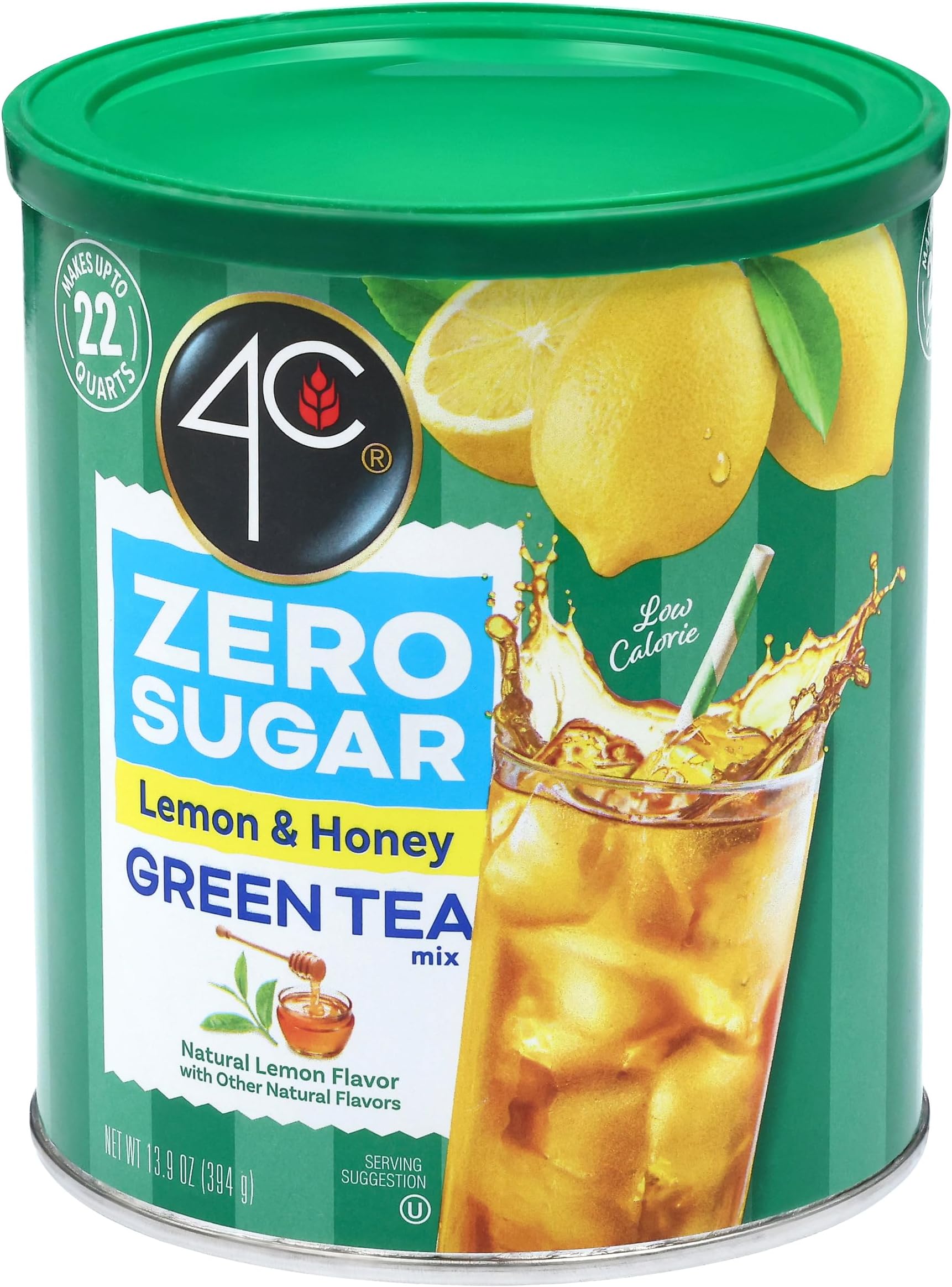 4C Zero Sugar Powdered Drink Mix Cannisters, Green Tea 1 Pack, 22 Quarts, Family Sized Cannister, Low Calorie, Thirst Quenching Flavors