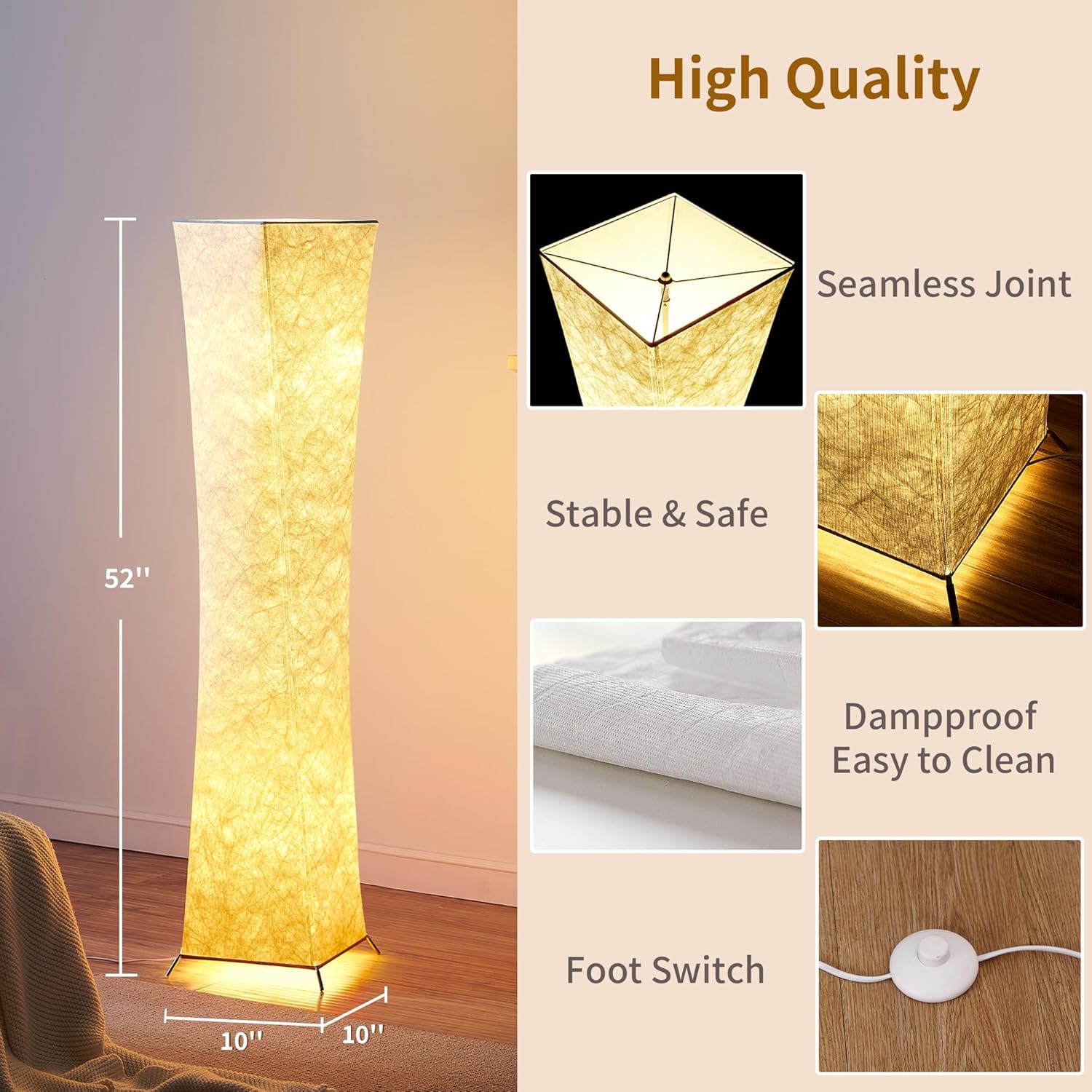 Diagram showing the dimensions of the chiphy floor lamp and its high-quality features like seamless joints, stable base, damp-proof fabric, and foot switch.