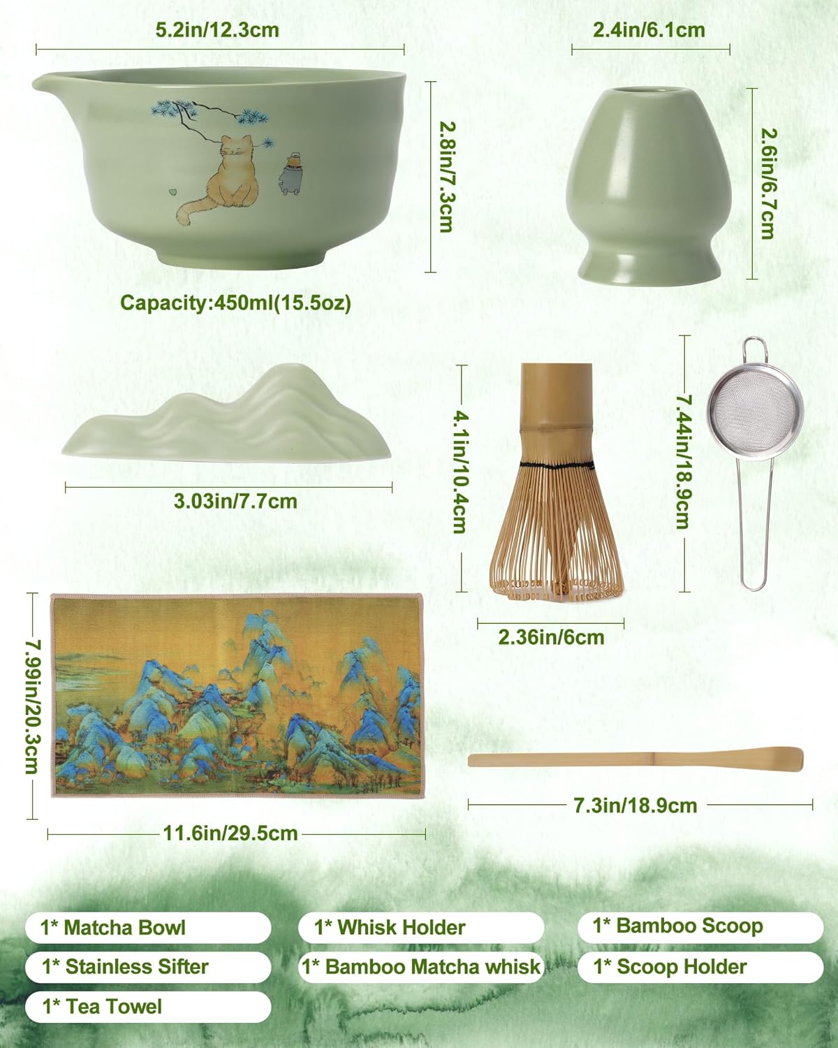 Matcha Whisk Set, Ceramic Matcha Set Includes Matcha Bowl, Matcha Whisk and Holder, Bamboo Scoop, Scoop Rest, Sifter and Tea Towel - 7 Pcs Matcha Kit(Green) - Image 2