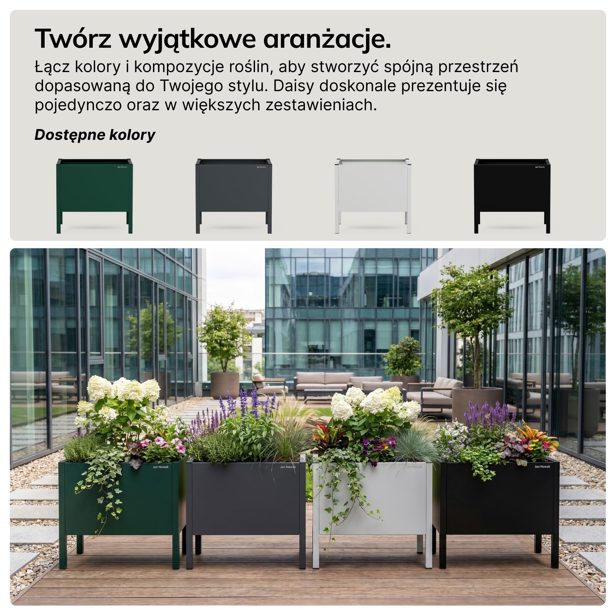 Jan Nowak Osłona na Doniczki DAISY do Wnętrz, 40 x 35 x 25 cm, Butelkowa Zieleń, Stal Ocynkowana Malowana Proszkowo, z Otworami Drenażowymi