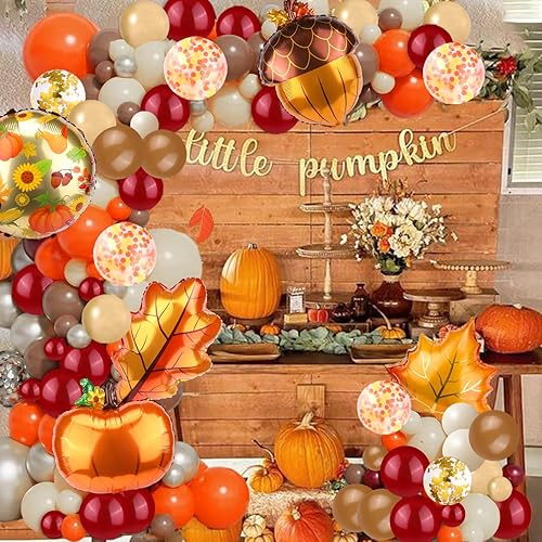 Miniatura 2 de 129pcs Fall Confetti Balloons, Huge Pumpkin Maple Pine Leaf Aluminum Foil Balloons Orange Brown Helium Latex Balloons for Birthday, Baby Shower,