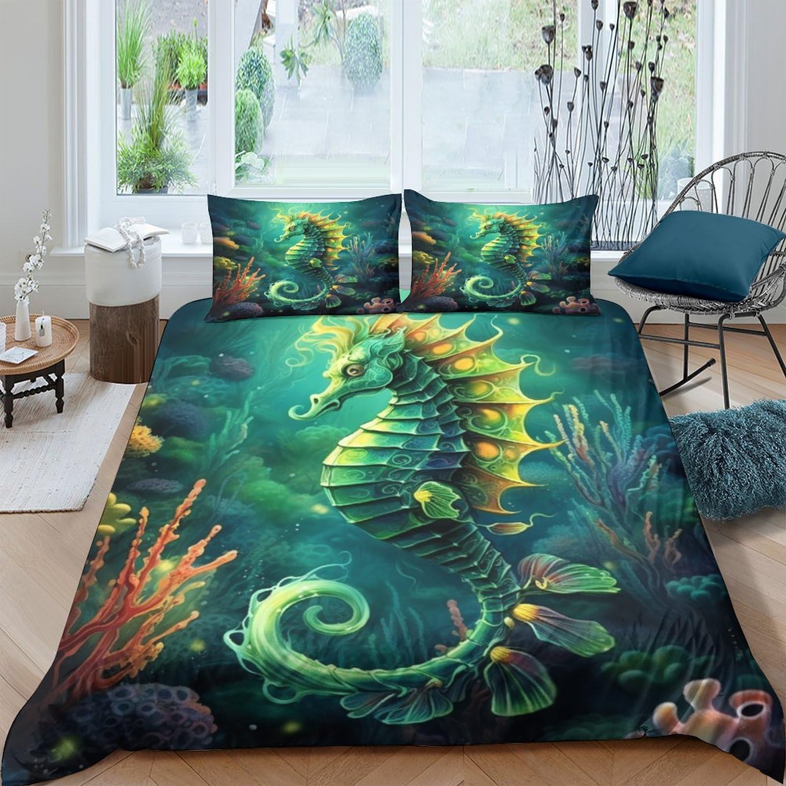 Housse de couette 200x200 hippocampe avec 2 taies d'oreiller microfibre douce