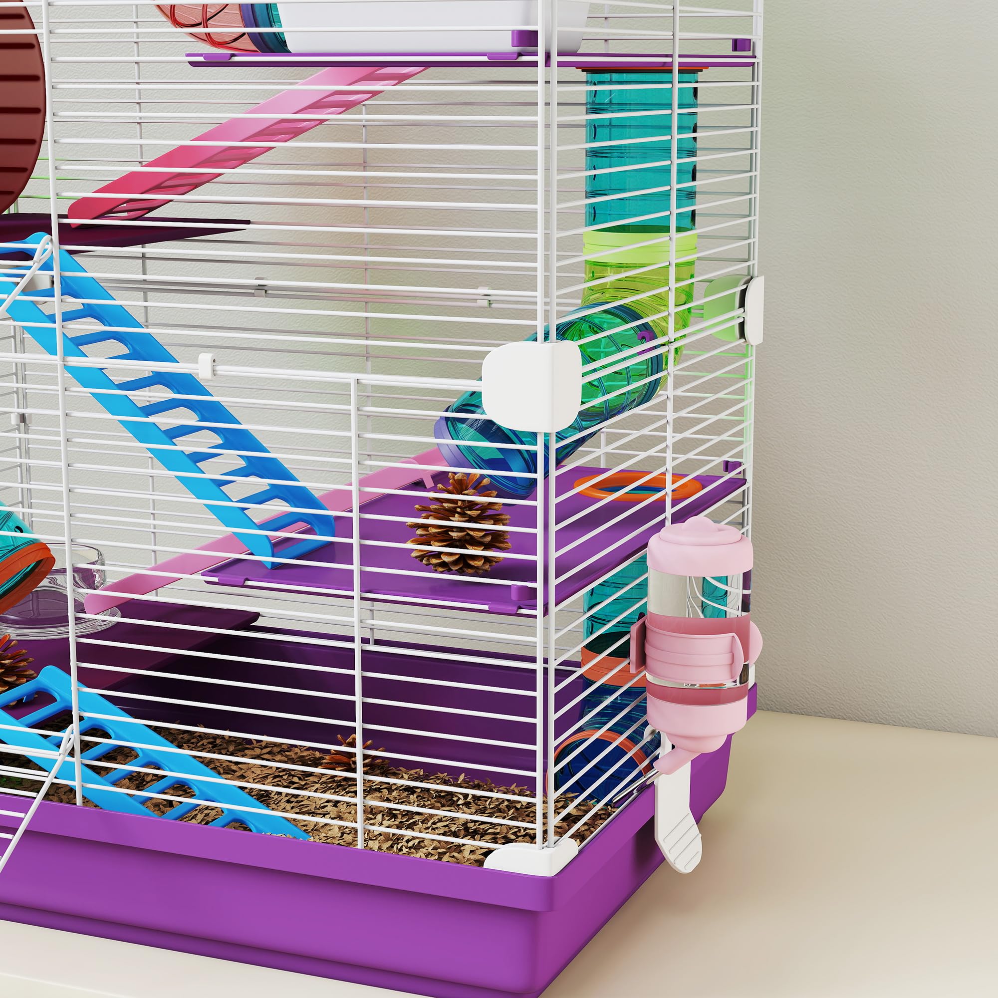 PawHut Jaula para hámster roedor 4 Pisos con túneles alimentador Rueda casa escaleras Dim. 46 x 30 x 58 cm, Color Morado