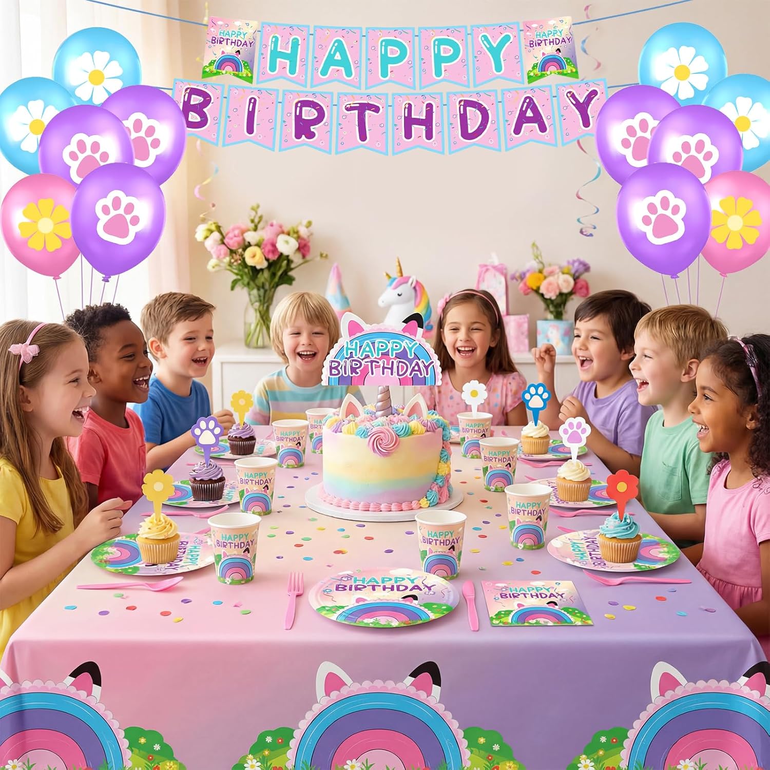 189pcs Cartoon Cat Theme Doll House Party Decorations Supplies - Include Tablecloth Balloons Banners Cake Topper Paper Plates Napkins Paper Cups for Birthday Baby Shower Serves 24 Guests