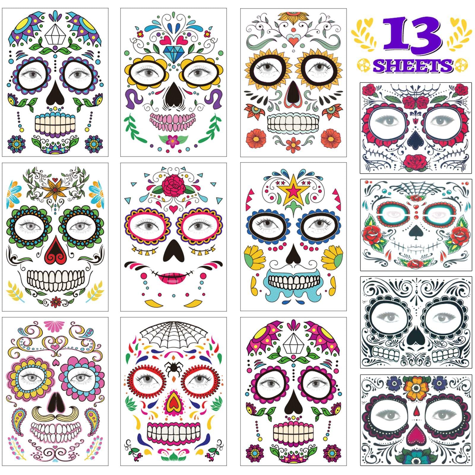 COKOHAPPY Halloween Temporary Face Tattoos Makeup Kit (13 Pack), Day of the Dead Sugar Skull Floral Black Skeleton Web Red Roses Full Face Mask Stickers Tattoo Families Party Supplies
