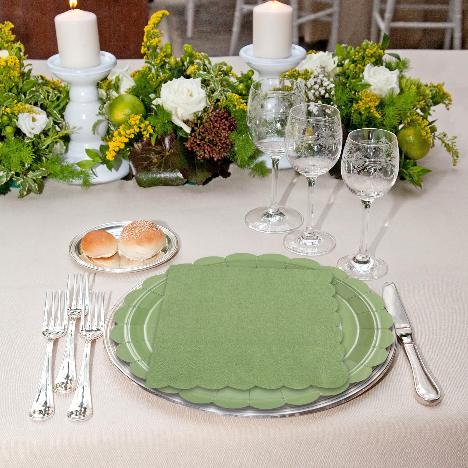 Lot De 80 Pièces Assiettes & Serviettes Jetables Vert Sauge - 40 Assiettes 17.8 Cm + 40 Serviettes