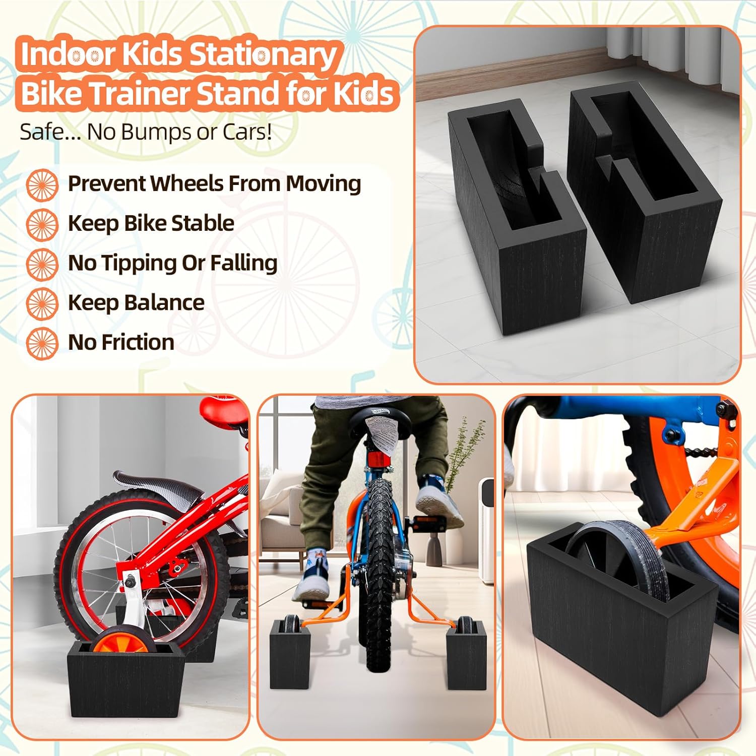Bike Training Wheel Trainer,Indoor Kid Bike Riding Training Wheels Stabilizers,Pedal Cycle Block Holder with 2 Anti-Slip Pads,Home Trainer for Kids Bicycle with Training Wheels,Safe & Stable - Wooden