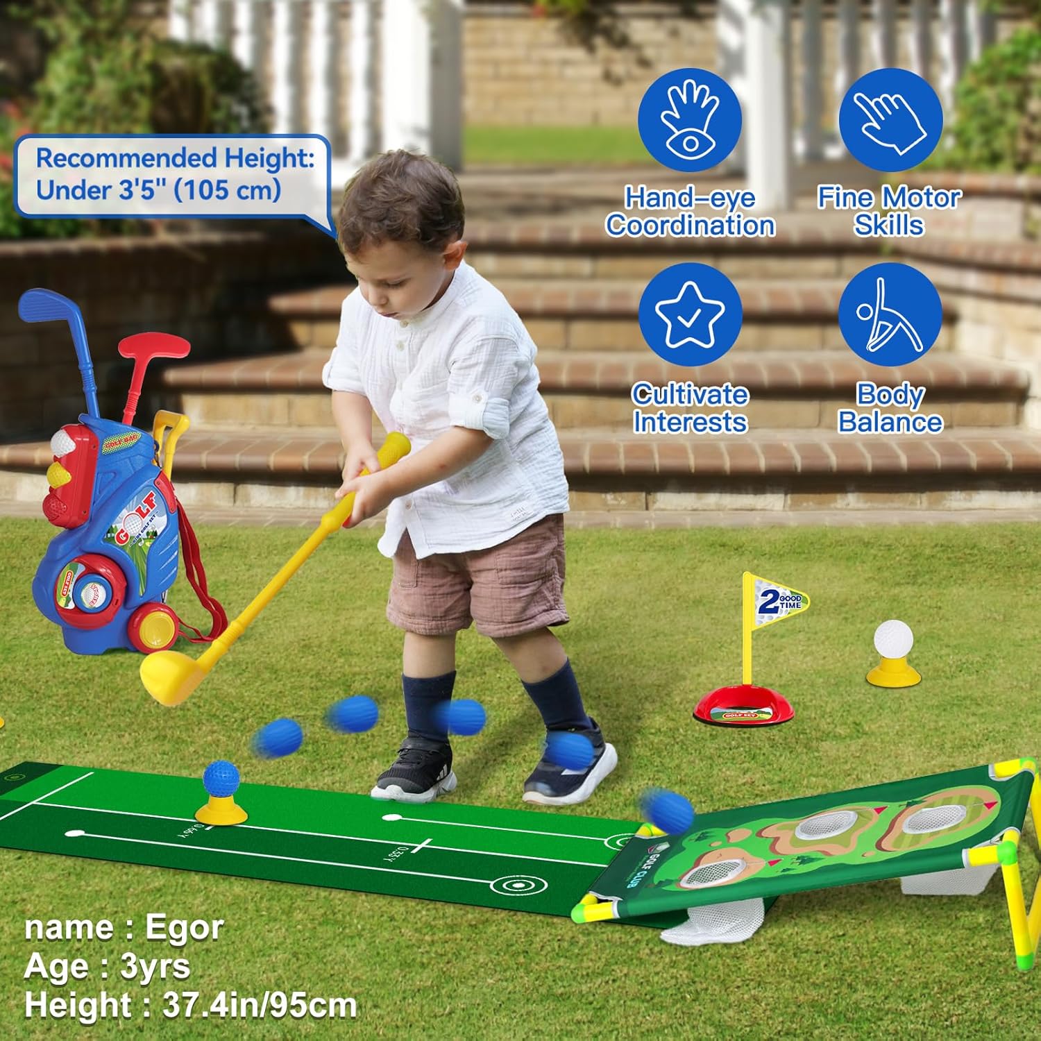Toddler Golf Set for Boys Girls 1 2 3 4 Years Old, Upgraded Kids Golf Cart with Putting Mat & Cornhole Board, Outdoor Indoor Sports Toys, Blue