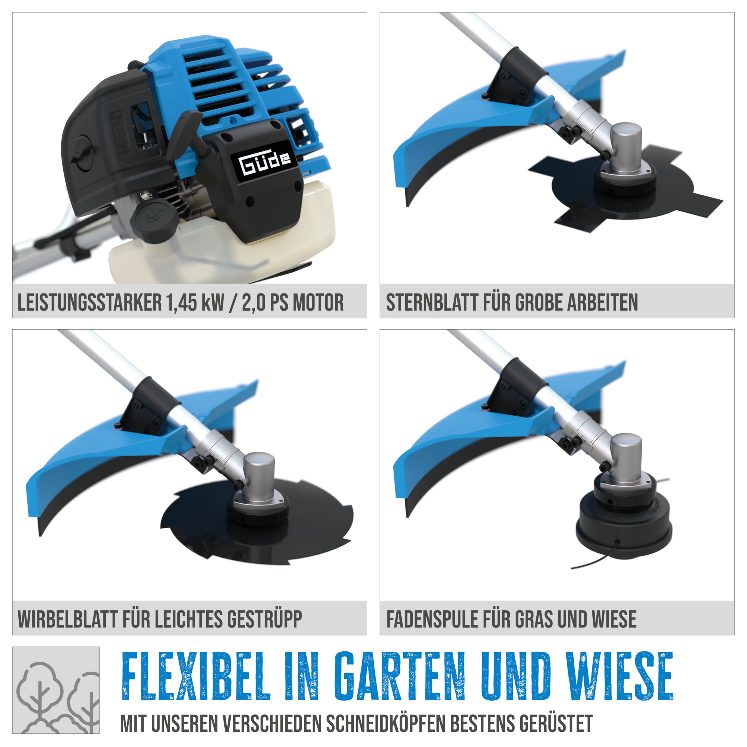 Güde GFS 52.3 Freischneider - 2-Takt-Motor, 52 Kubikzentimeter Hubraum, 1,45 Kilowatt, 2 PS, Schnittbreite 25,5 bis 44 Zentimeter je nach Schneidsystem, mit Fadenspule, Zwei Messern und Tragegurt