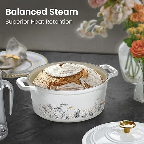 Miniatura 6 de CAROTE Olla de hierro fundido con tapa, horno holandés floral esmaltado de 5 cuartos con caja de regalo, olla de hierro fundido para hornear pan de