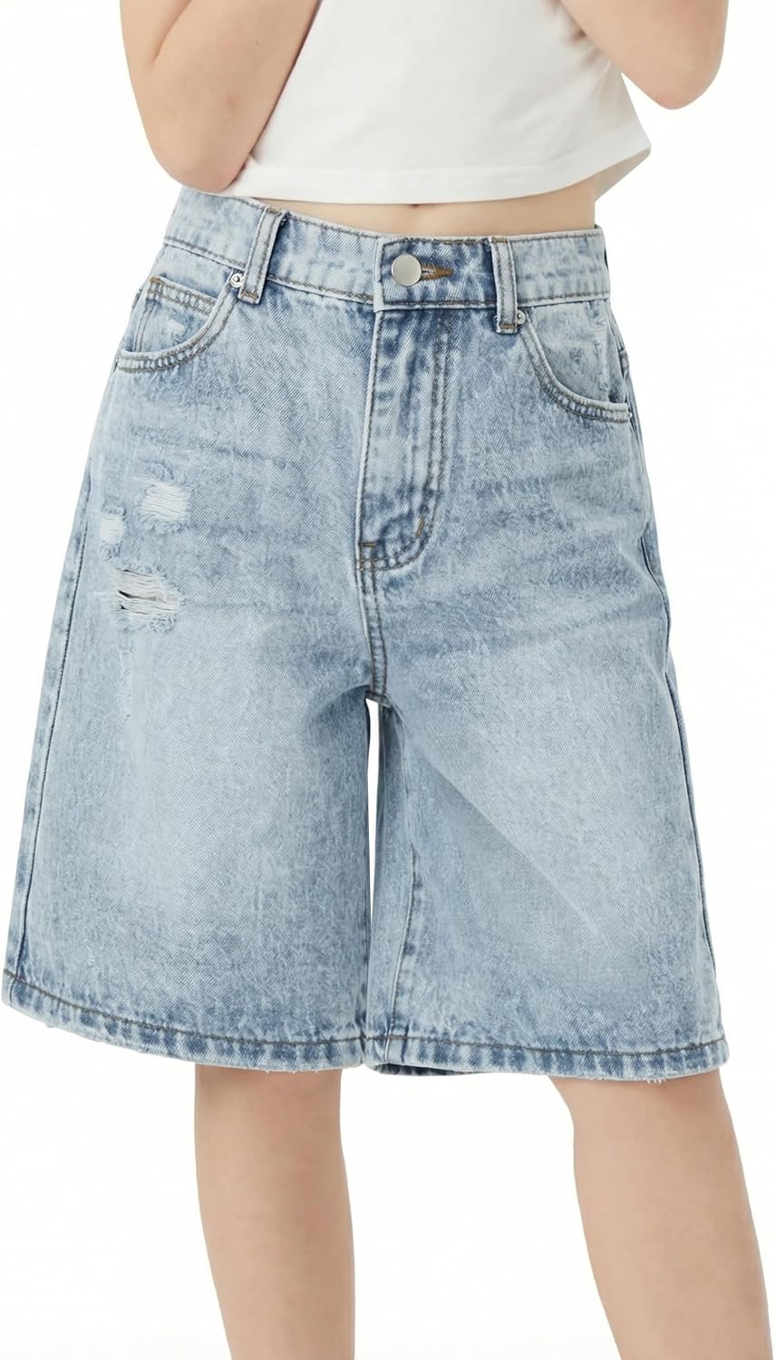Girls Jeans Shorts Ripped Denim Bermuda Elastic Waist Bottom Trendy Cotton Summer Clothes for Kids