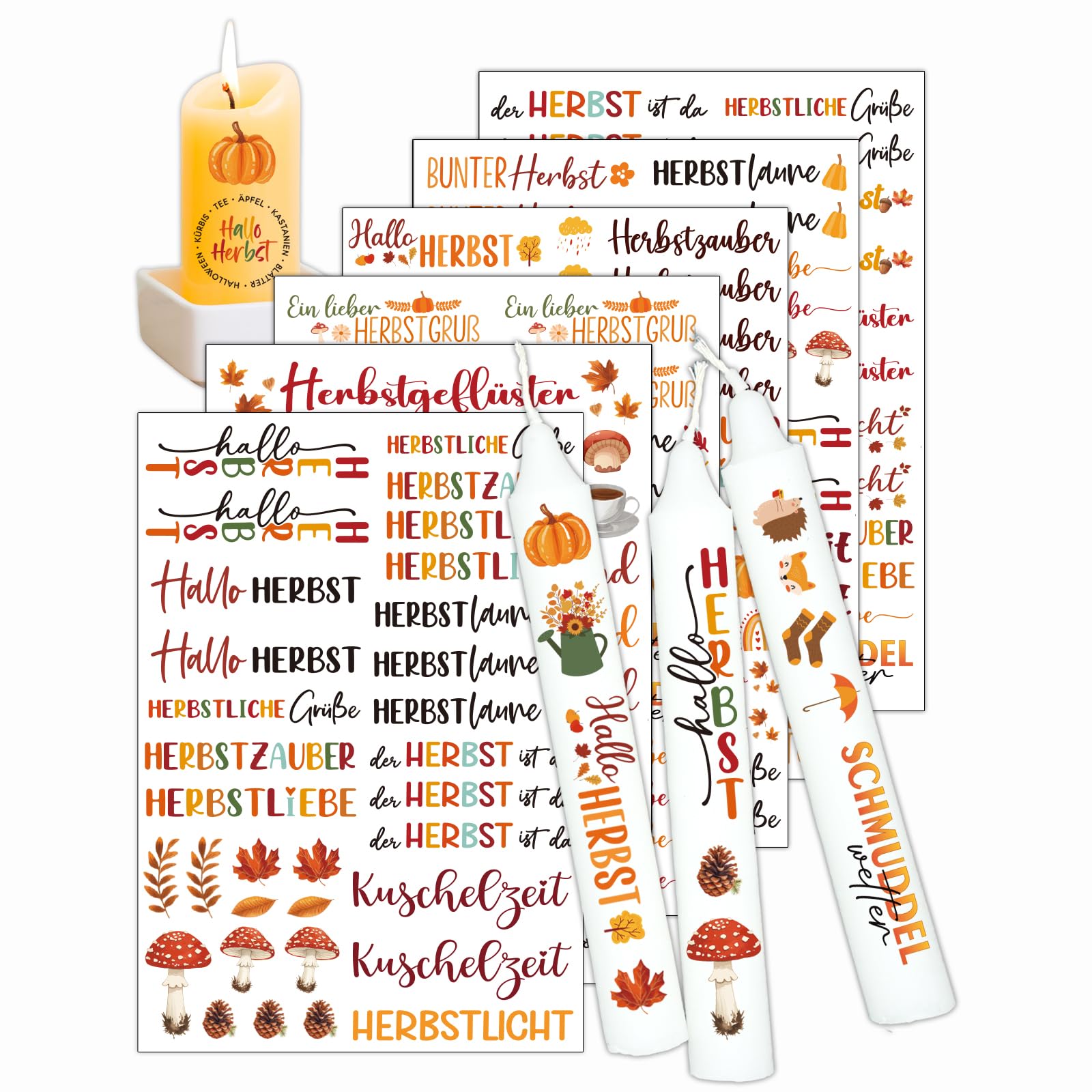 Kerzentattoos Herbst, Wasserschiebefolie Kerzen Sticker Set | DIY Rub On Sticker für gemütliche Herbst Deko. Motive wie Kürbis & Blätter. Ideal als Kerzen Bastelset für Erwachsene