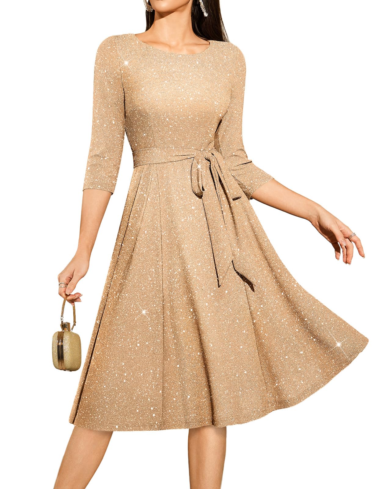 Sequin Cocktail Dresses for Women, Formal Wedding Guest 3/4 Sleeves Sparkly Evening Party Dress