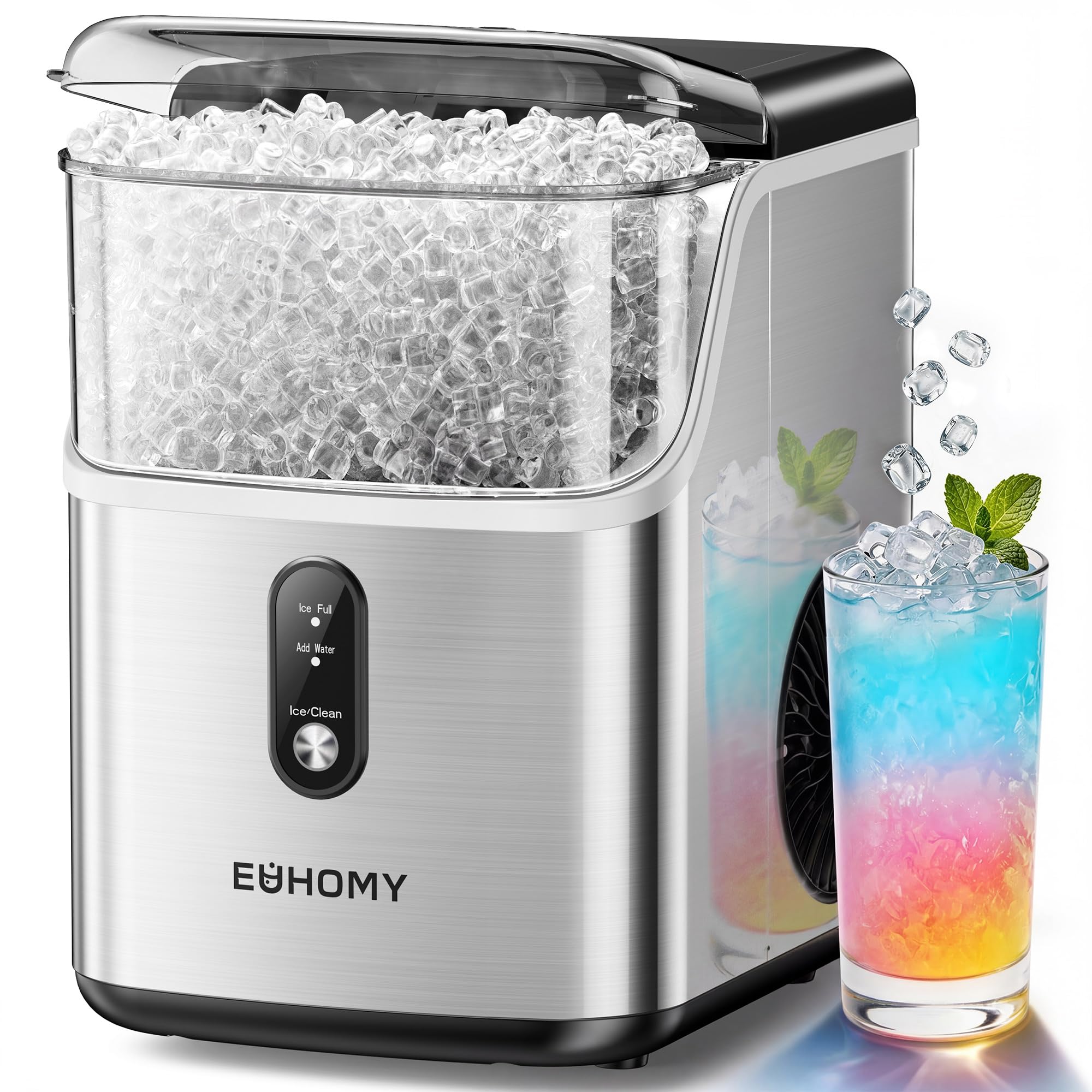 Euhomy Nugget Ice Maker Countertop, Ready In 7 Mins, 34lbs/24h Pebble Ice Maker Machine, Self-Cleaning Countertop Sonic Ice Makers With Ice Scoop&Basket, Pellet Ice Maker For Home, Stainless Steel on Fridge.com - View 1