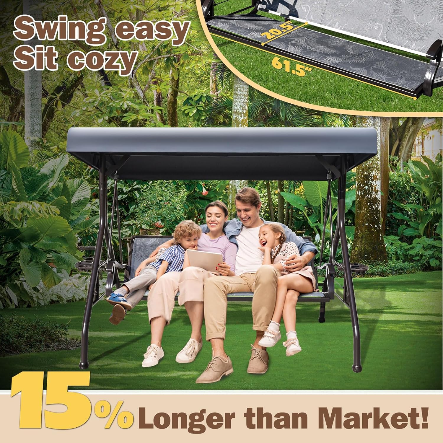 3 Person Patio Swing Outdoor Swing for Adults with Adjustable Canopy &Upgraded Cup Holders Textilene Fabric Porch Swing Chair with Stand Heavy Duty 800 LBS