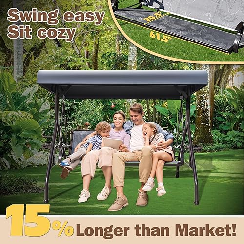 Miniatura 2 de Columpio de patio para 3 personas para adultos con toldo ajustable y portavasos mejorados, tela de textileno, silla de columpio con soporte