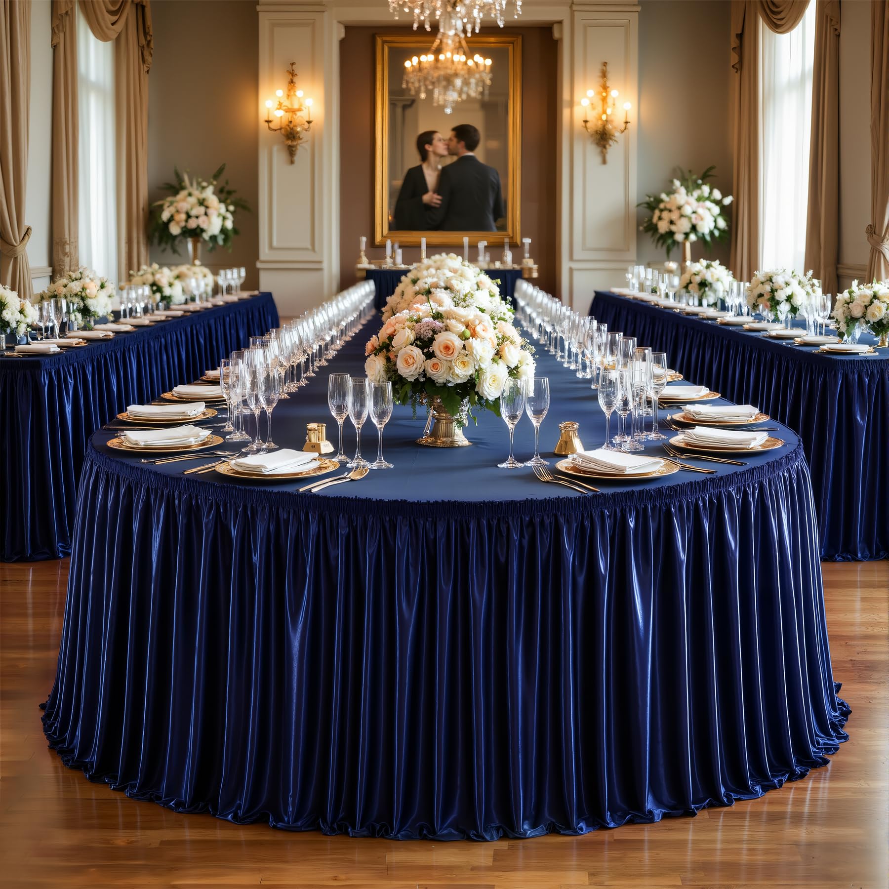 21ft Length Navy Blue Satin Table Skirt Rectangle Tables Wrinkle Resistant