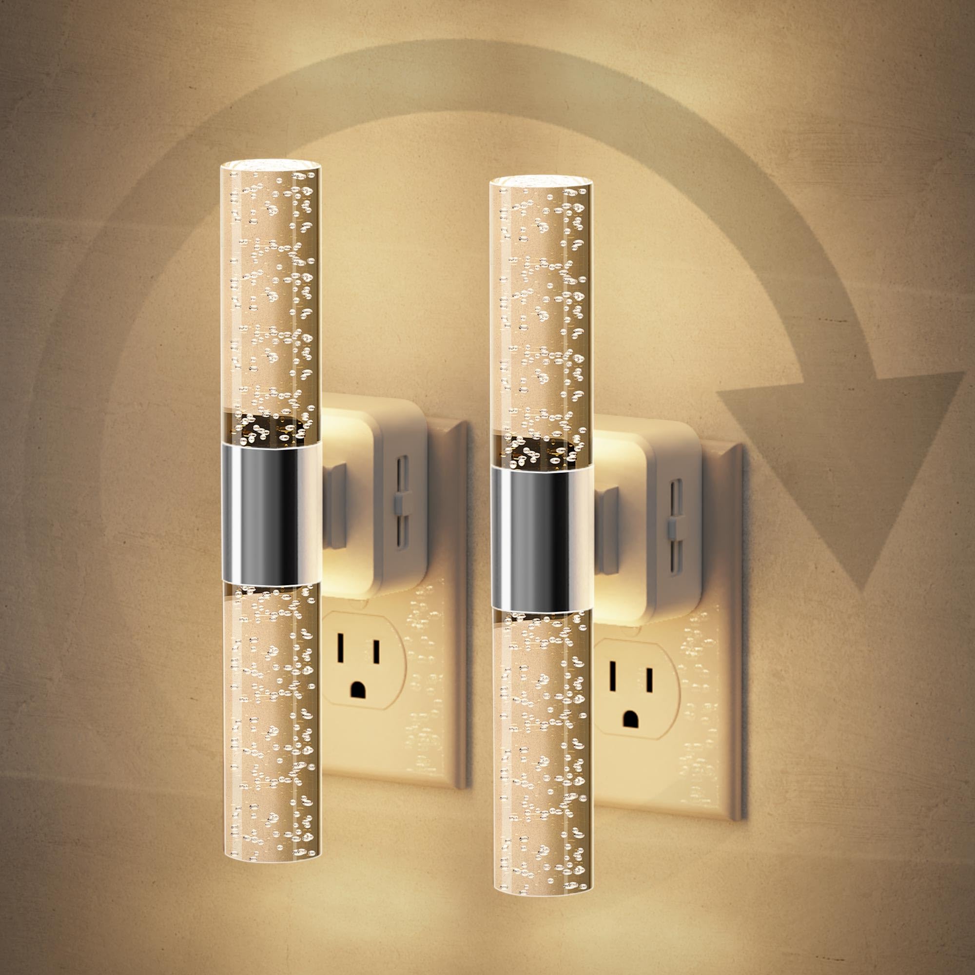 JandCase Night Lights Plug into Wall, 180° Rotating 2 Pack 3000K Soft Light LED NightLights, 0-100LM Adjustable Brightness, Plug in Night Light with Auto Light Sensor,for Bathroom,Hallway,Bedroom