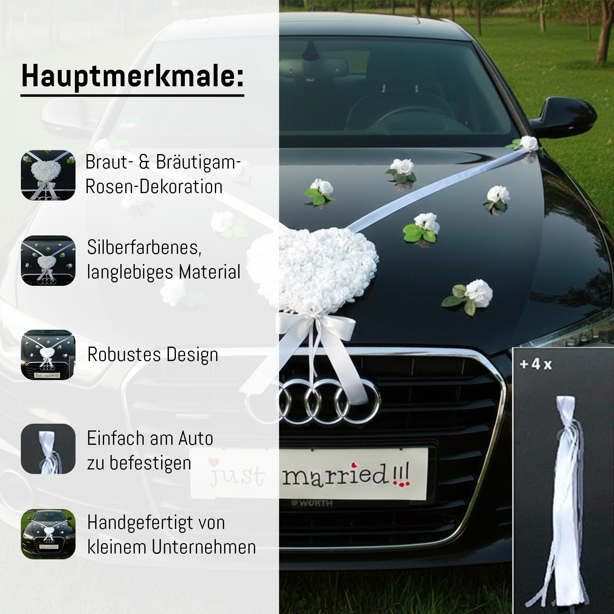 LIEBESHERZEN Braut Paar Rose Deko Dekoration Autoschmuck Hochzeit Car Auto Wedding Deko Girlande PKW ®Auto-schmuck (reinweiß 2)