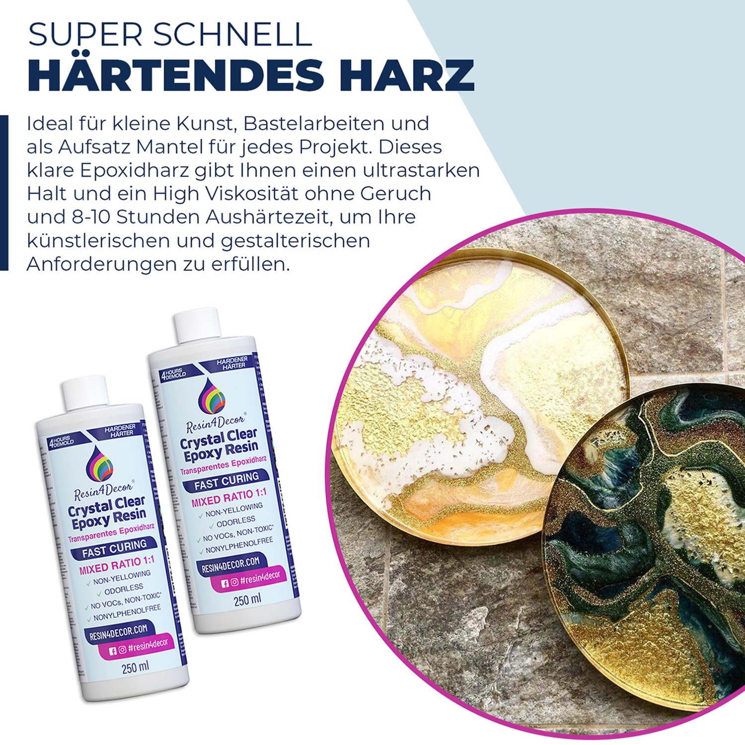 Schnell härtend Epoxidharz set (4h Entformzeit) RESIN4DECOR 1:1 Kristallklares Harz & Härter für Kunsthandwerk Schmuckherstellung Vergilbungsfrei Ungiftig Hochglanz Geruchlos Hitzebeständig - 3780ml