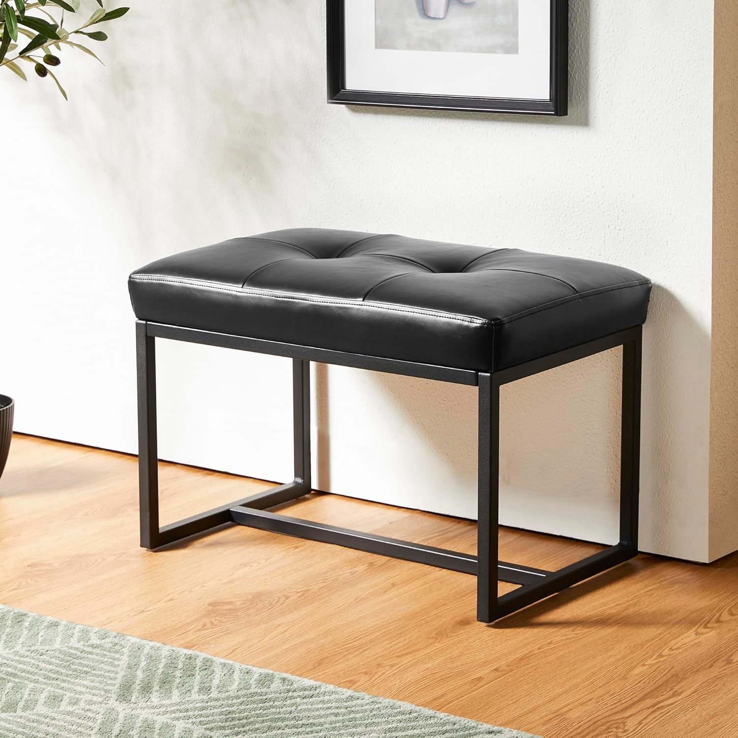 Glitzhome Ottoman Bench, Modern PU Leather Vanity Stools Chairs with Metal Frame, Makeup Stool Padded Foot Rest Stool for Living Room Vanity, Entryway, Bathroom, Black