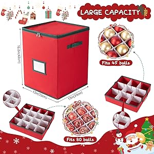 OIAHOMY Ornament Storage Box Holds 80 Christmas Ornaments, Christmas Ornament Storage Include Trays and Zippers, Ornament Organizer with Handle, Made of 600D Oxford Fabric - Red