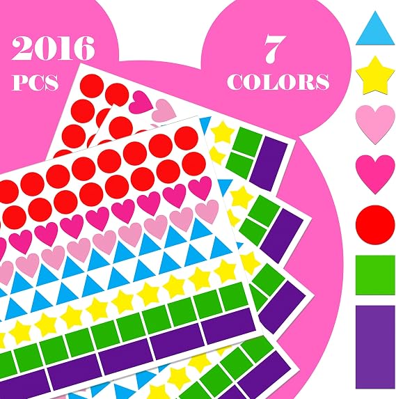 2016 PCS Shaped Coloured Dot Stickers in 7 Colors and 6 Shapes for Kids