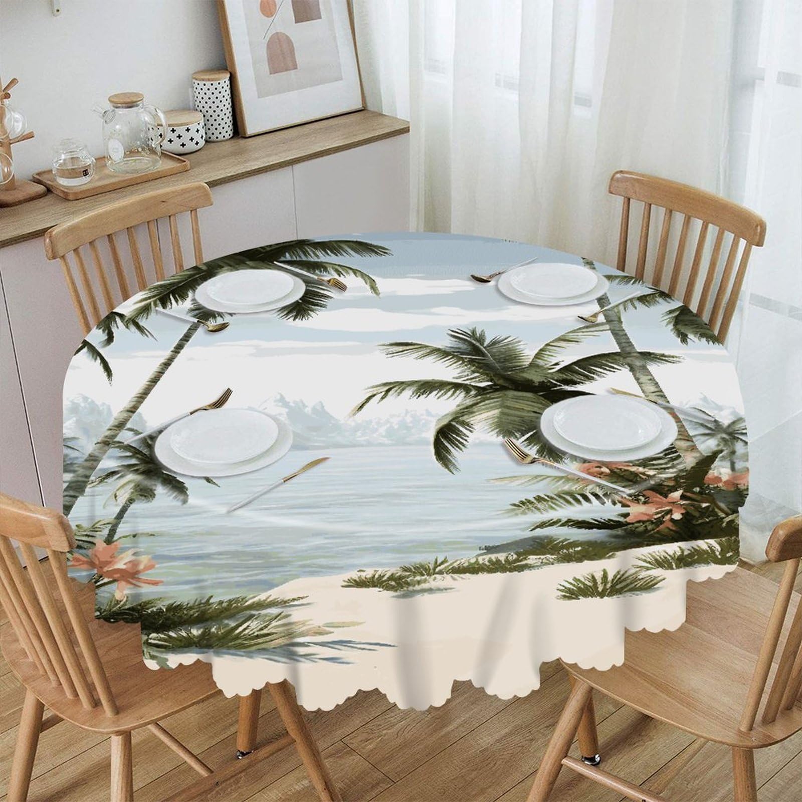 VstaDank Tropical Palm Trees Round Tablecloth 60 Inch Easy to Clean Circle Table Cover Thick Decorative Round Polyester Table Cloth for Dining Kitchen Party Farmhouse Outdoor