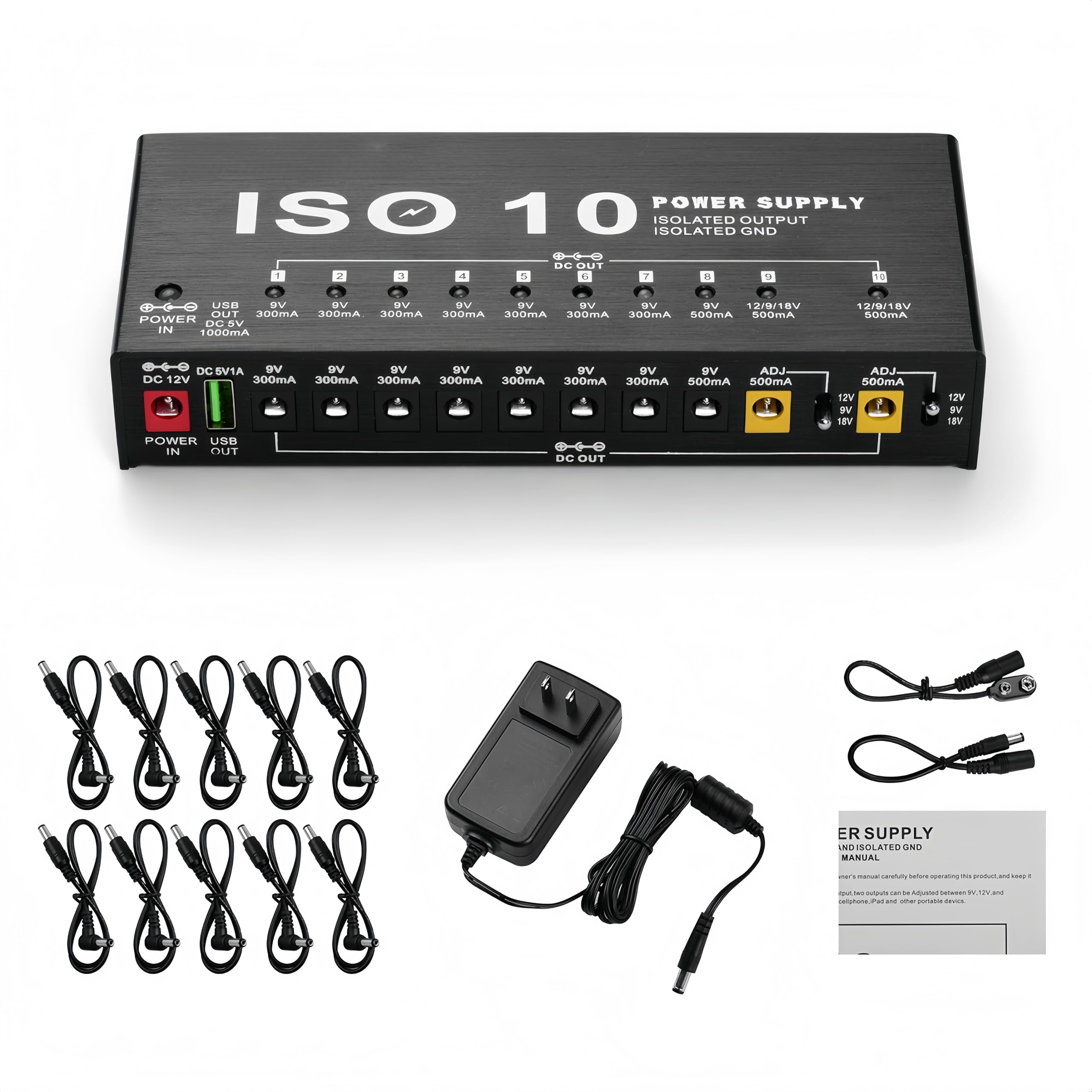Alimentation pour pédale de guitare, 10 alimentations isolées réglables à sortie CC, petite alimentation portable avec indicateur lumineux LED pour pédale de guitare 9 V 12 V 18 V 300 mA 500 mA